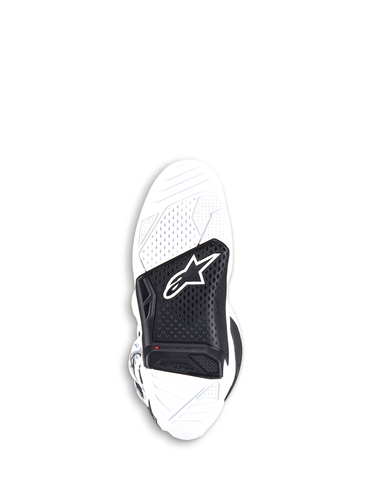 Botas Alpinestars Tech 7, botas de motocross, blancas y negras, vista inferior de la suela de goma vulcanizada de doble compuesto reemplazable con un inserto central negro con el logotipo de Alpinestars y un indicador rojo de límite de desgaste.