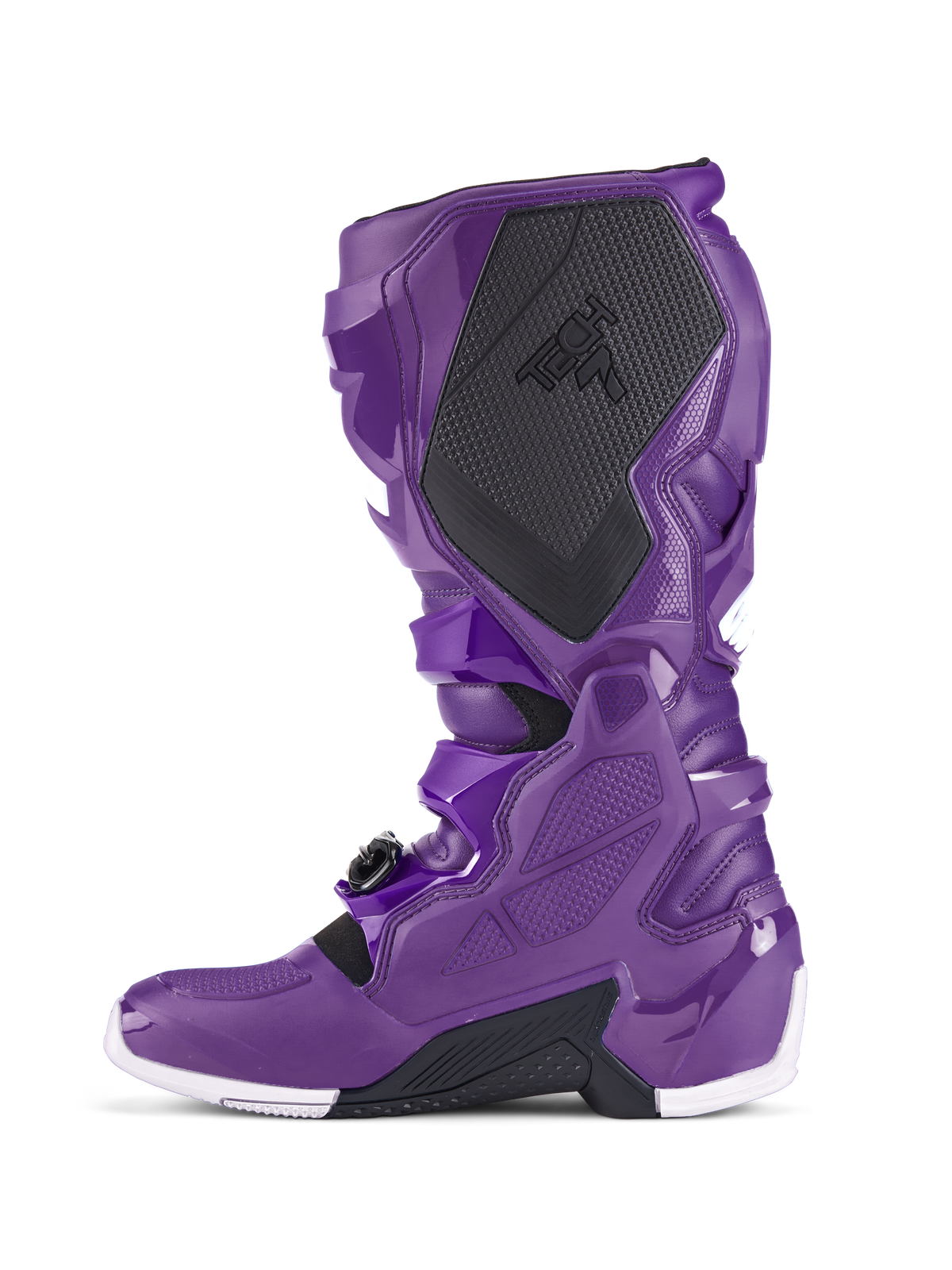 Alpinestars Tech 7 Boots, Purple Motocross Boots, side profile view showing black textured calf protection with TECH 7 branding, purple TPU shell, secure buckle system, and white accents on the sole, specialized footwear for off-road racing