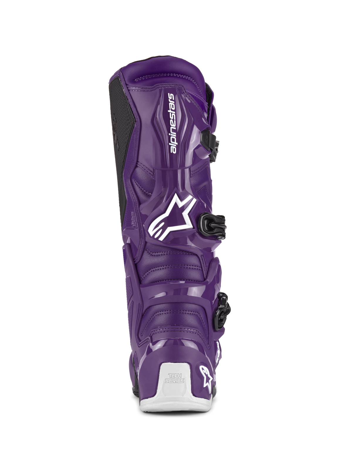 Alpinestars Tech 7 Boots, Motocross Boots, Purple, rear view showcasing white Alpinestars logo and Tech Series heel branding, black buckle closures, durable TPU and synthetic construction for off-road racing