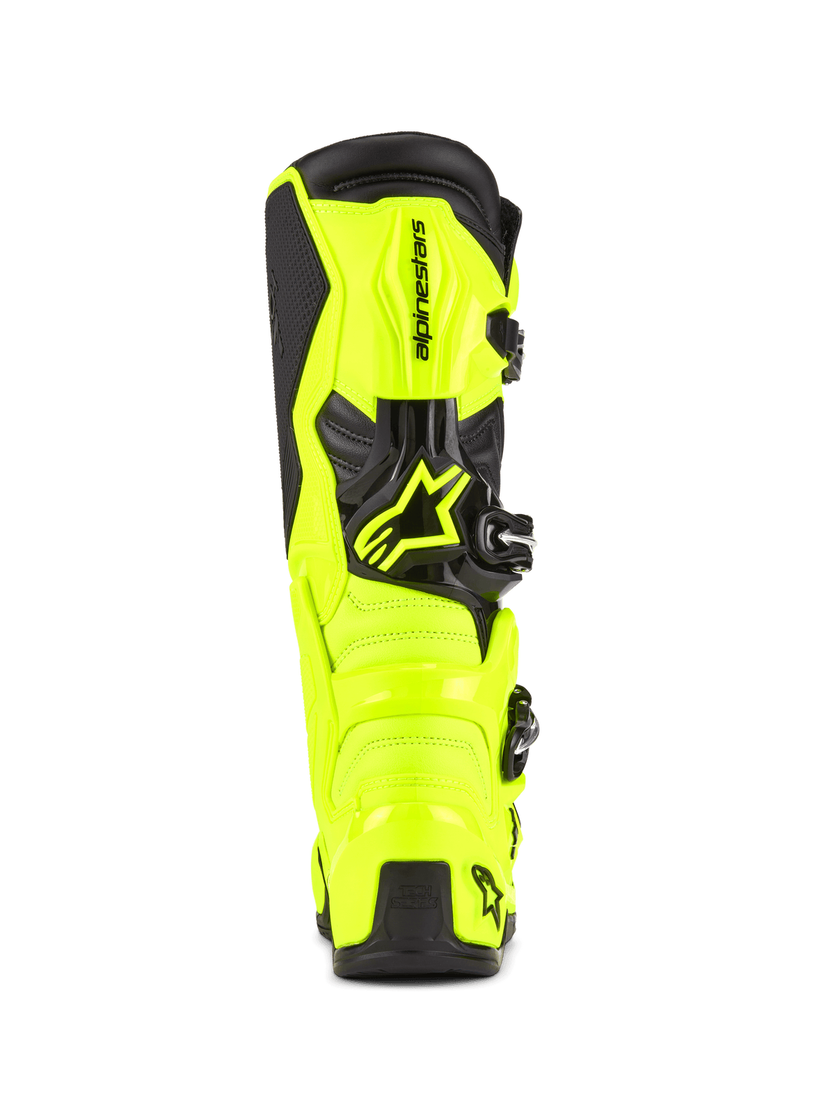 Alpinestars Tech 7 Motocross Boots, Yellow Fluo and Black, rear view showing protective TPU construction and heel counter, prominent Alpinestars logo, vibrant high-visibility design for off-road performance.