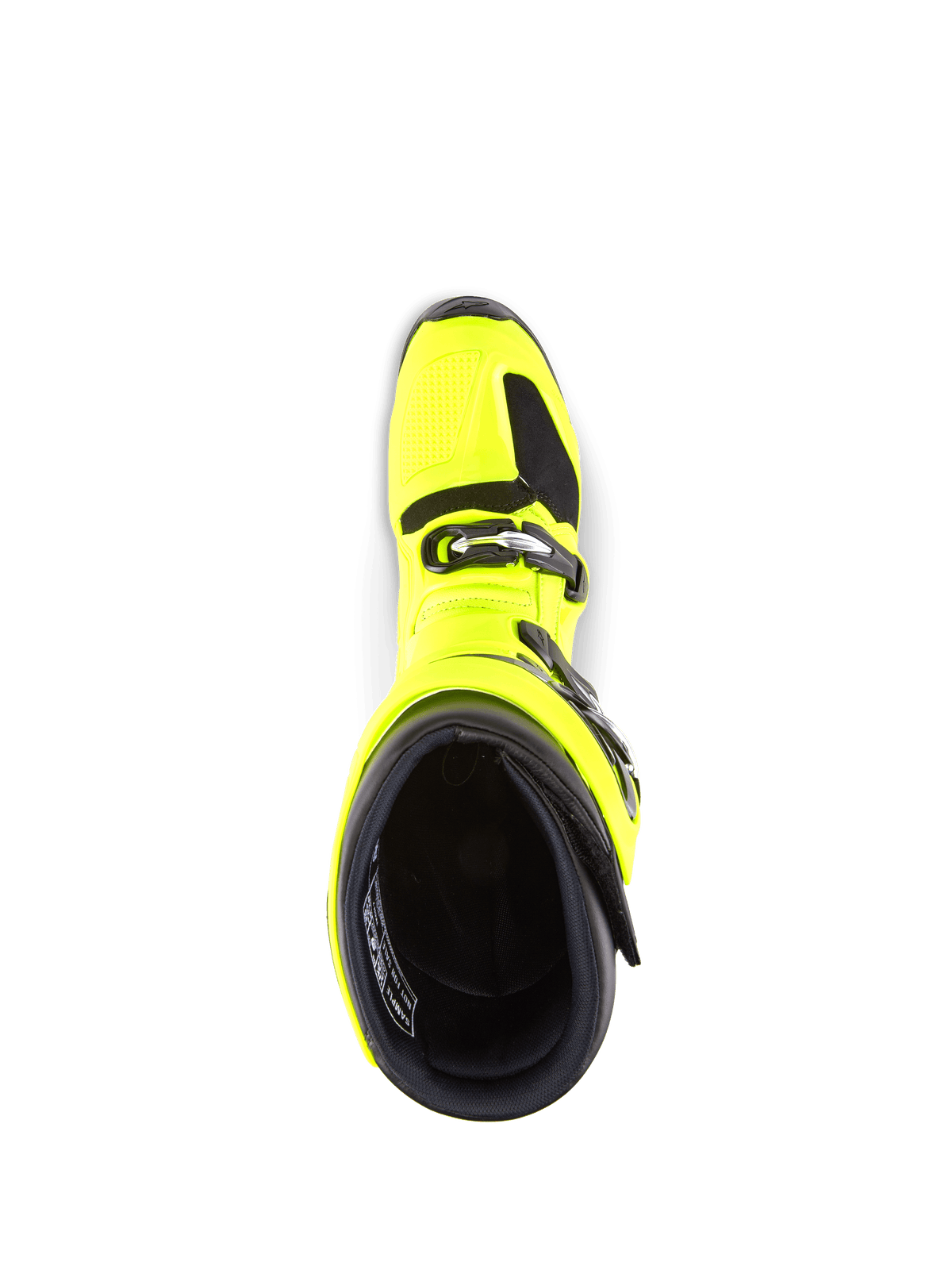 Alpinestars Tech 7 Boots, Motocross Boots, Yellow Fluo and Black, top-down view looking into the interior, showing the buckle closure system and padded collar