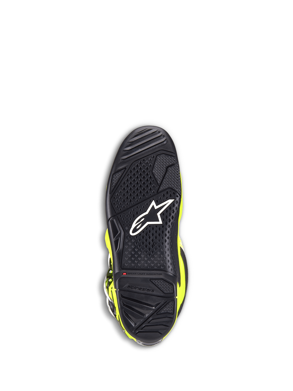 Alpinestars Tech 7 Boots, Motocross Boots, Yellow Fluo and Black, bottom view of the black rubber sole featuring a textured grip pattern, white star logo, and a red wear limit indicator for off-road durability