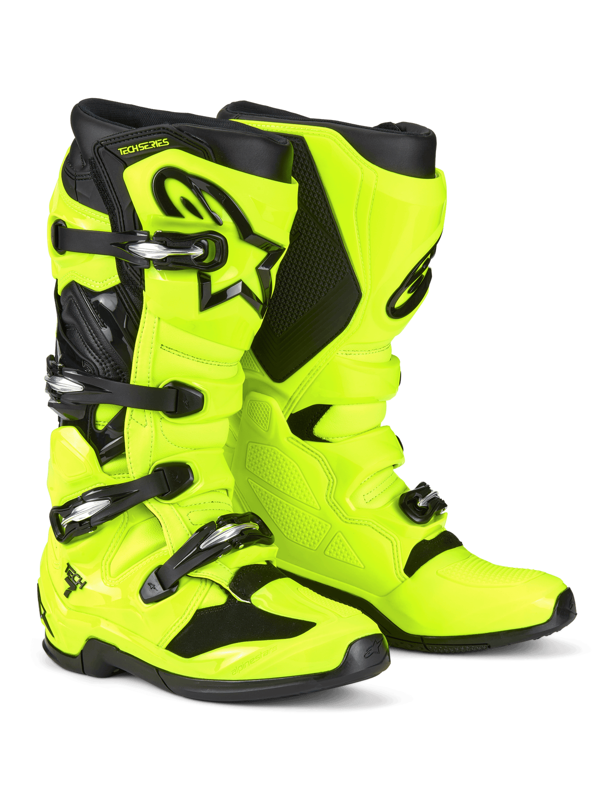 Alpinestars Tech 7 Motocross Boots, Yellow Fluo and Black, featuring a four-buckle closure system, protective TPU shell, black Astars logo on the shin, and rugged dual-compound sole for off-road racing