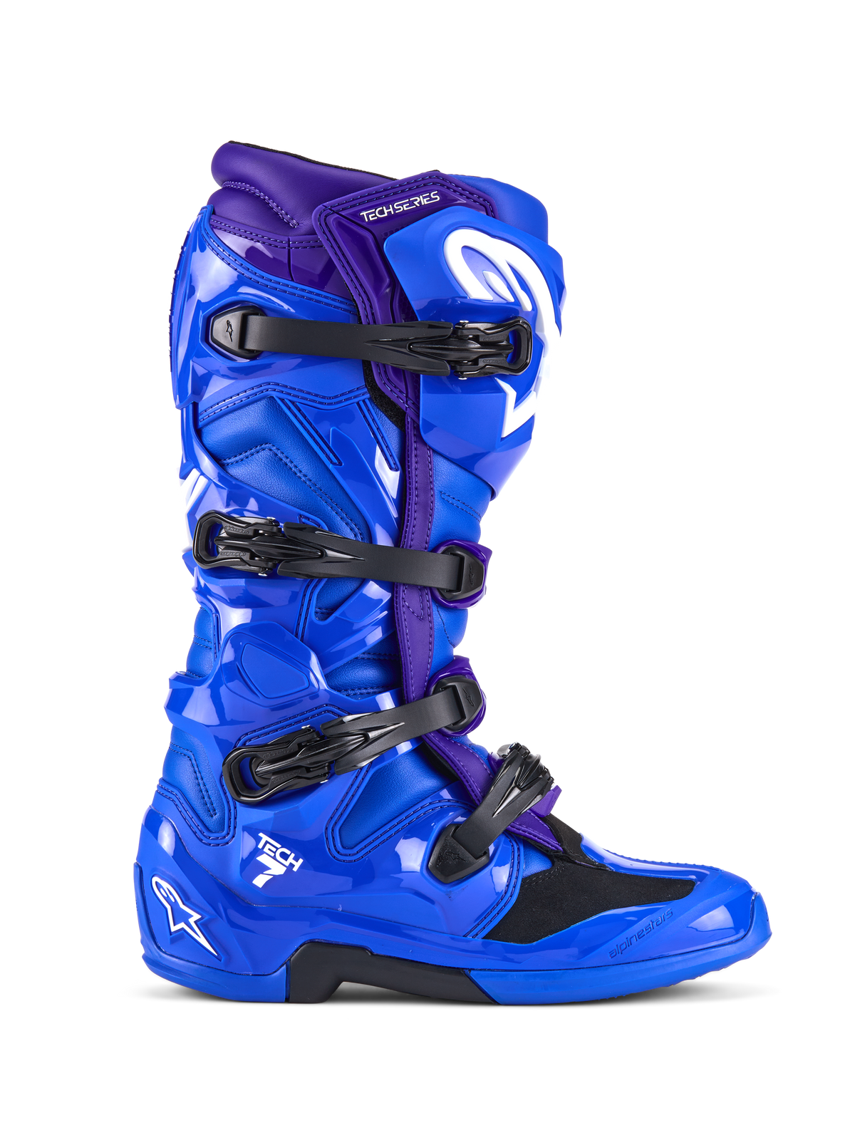 Botas Alpinestars Tech 7, botas de motocross, azules y moradas, con cuatro hebillas negras, carcasa protectora de TPU brillante con logotipo de Alpinestars en blanco, calzado duradero para competición todoterreno