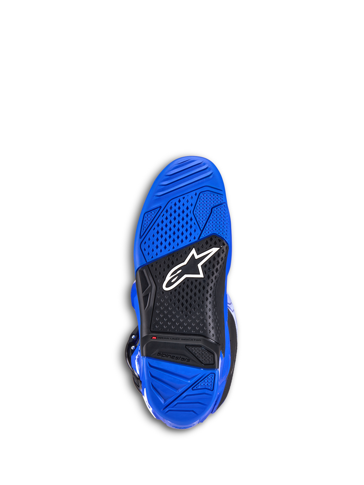 Botas Alpinestars Tech 7, botas de motocross, azul, vista inferior de la suela que muestra goma texturizada azul y negra, logotipo de Alpinestars blanco e indicador de límite de desgaste rojo, calzado todoterreno duradero