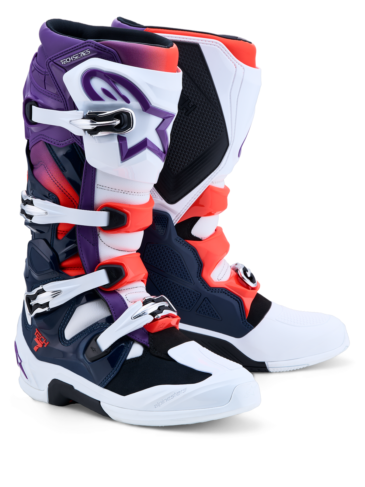Alpinestars botas Tech 7, botas de motocross para hombre, moradas, blancas y azul oscuro con rojo flúor, protección de TPU, certificadas CE.