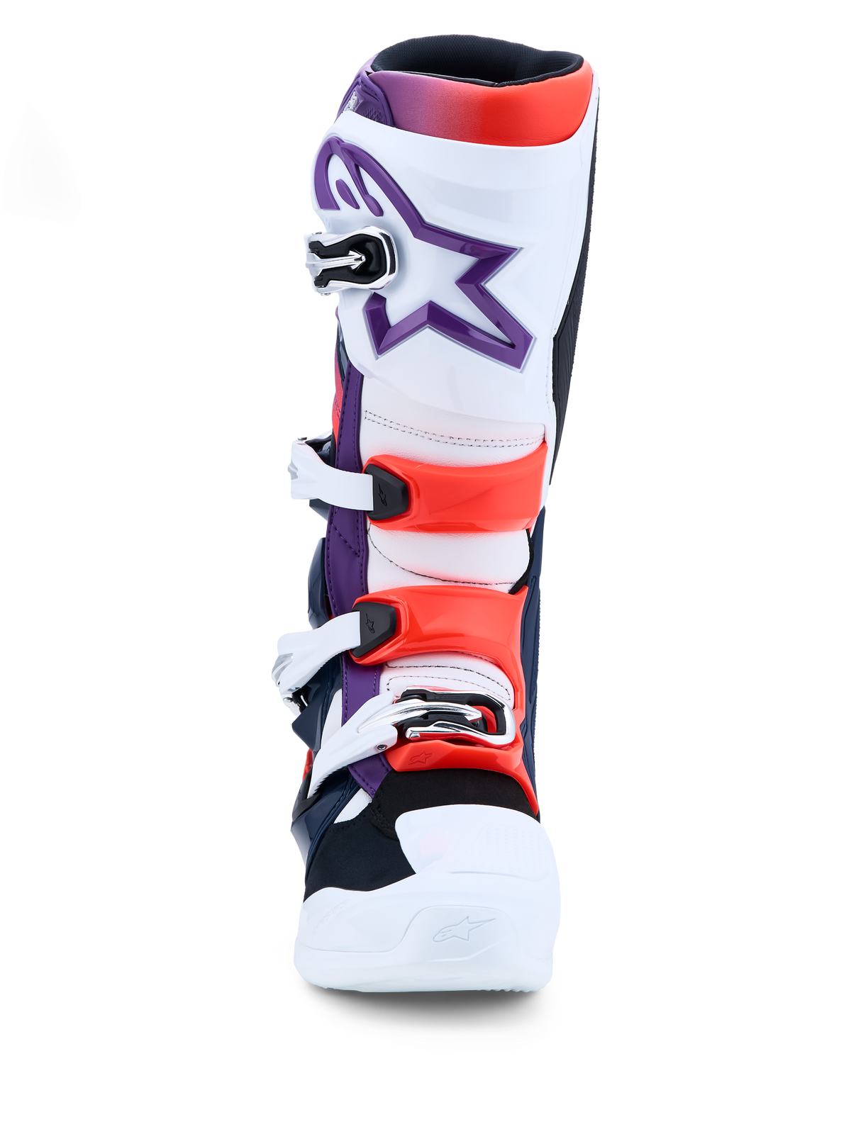 Alpinestars Tech 7, botas de motocross en morado, blanco y rojo flúor con protecciones de TPU y cierres de hebilla