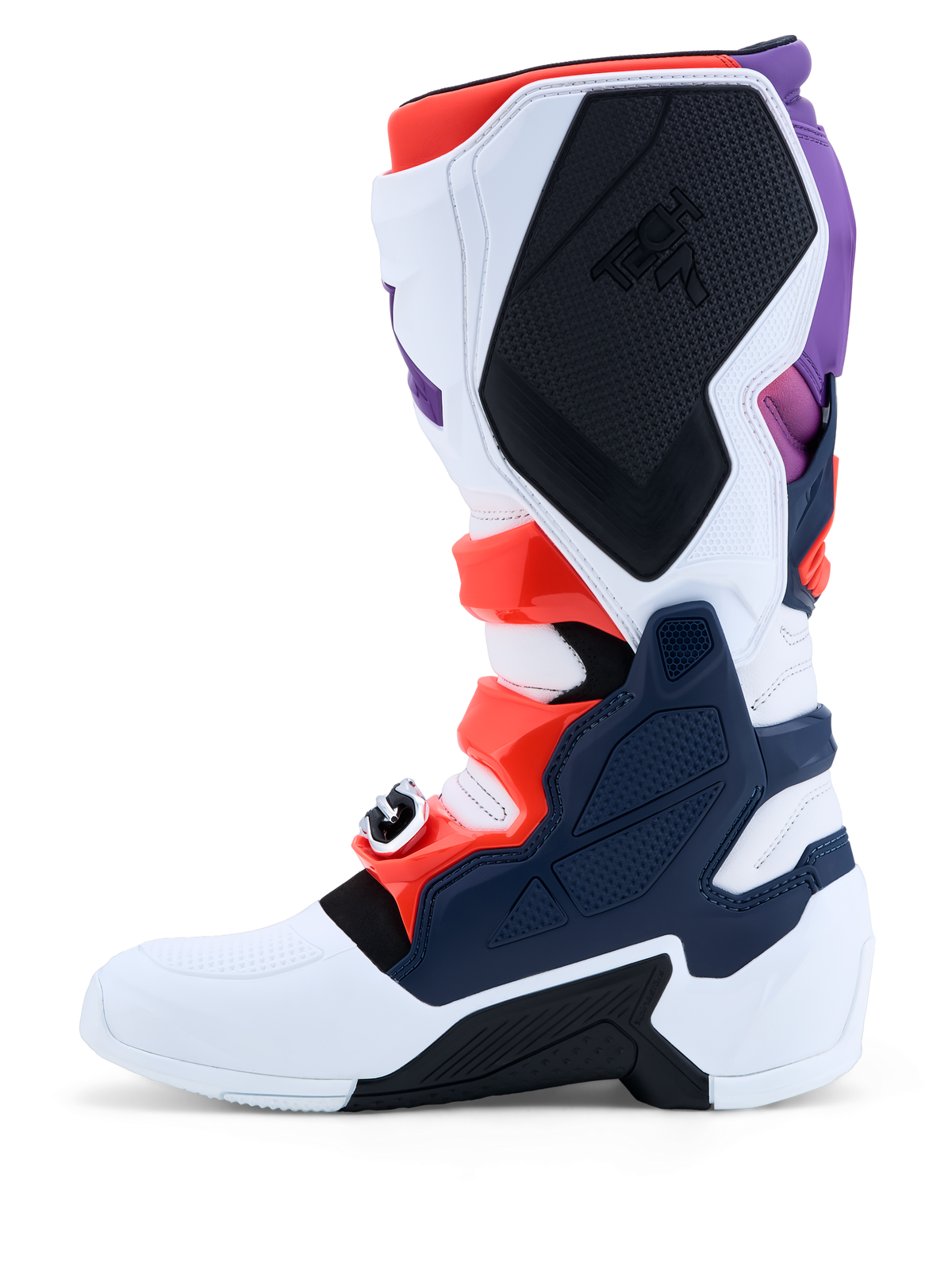 Alpinestars botas Tech 7 de motocross para hombre, blancas y azul oscuro con detalles morados, rojo flúor y placas TPU