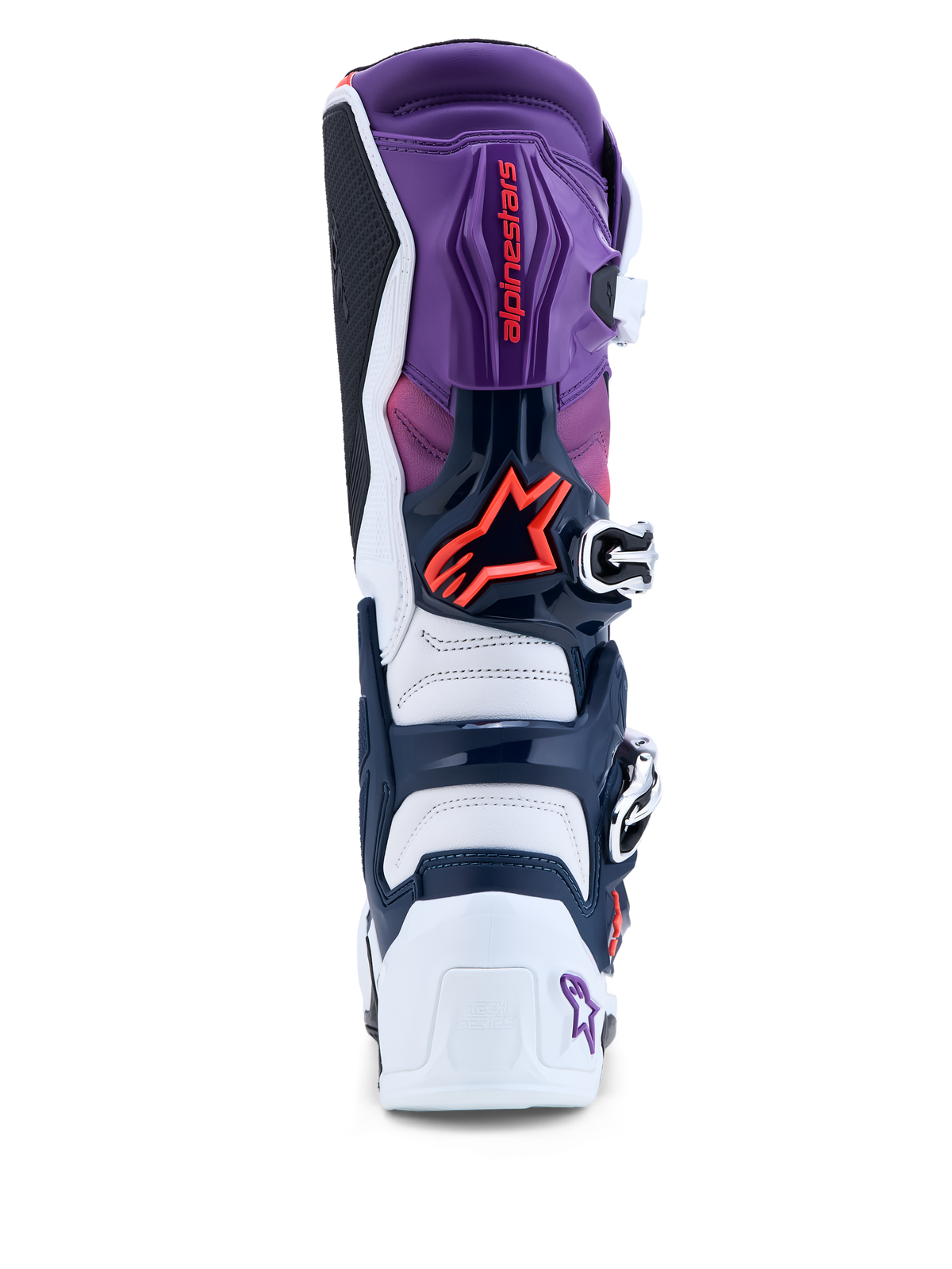 Alpinestars botas Tech 7 para hombre, vista trasera de motocross, morado y blanco, detalles rojo fluo y protección de TPU.