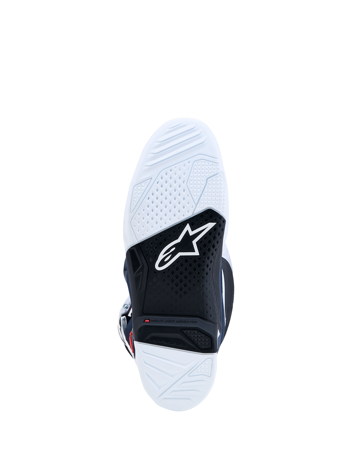 Botas Alpinestars Tech 7, suela de goma de doble compuesto para motocross, blanca y negra, con indicador de límite de desgaste rojo