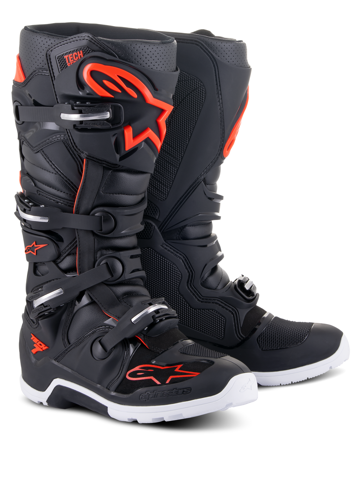 Alpinestars Tech 7 Enduro Boots, Motocross Boots, Black and Red Fluo, featuring a white sole, four-buckle closure system, and reinforced protective panels with bold red Alpinestars branding
