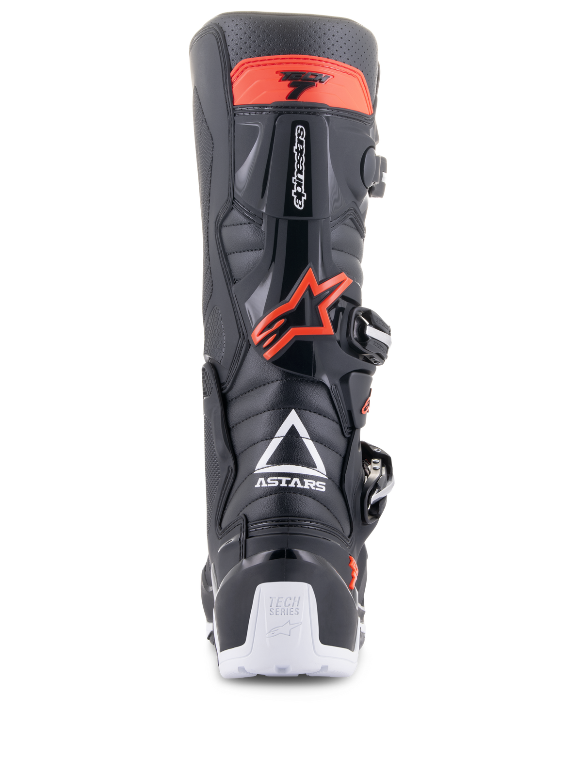 Alpinestars Tech 7 Enduro Boots, Black and Red Fluo, rear view featuring white ASTARS logo, red TPU calf protection, and white heel details, durable off-road motorcycle footwear