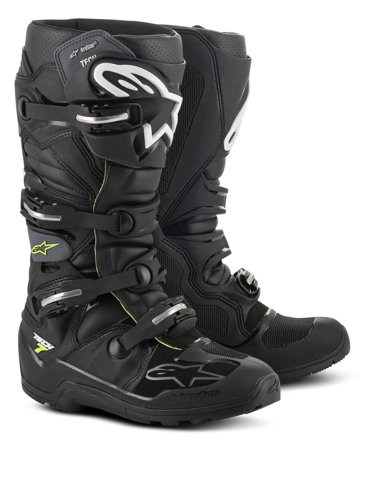 Botas Alpinestars Tech 7 Enduro Drystar®, calzado profesional para motocross y enduro, color negro y gris con logotipos blancos y hebillas plateadas, diseño impermeable y resistente con suelas robustas para rendimiento todoterreno