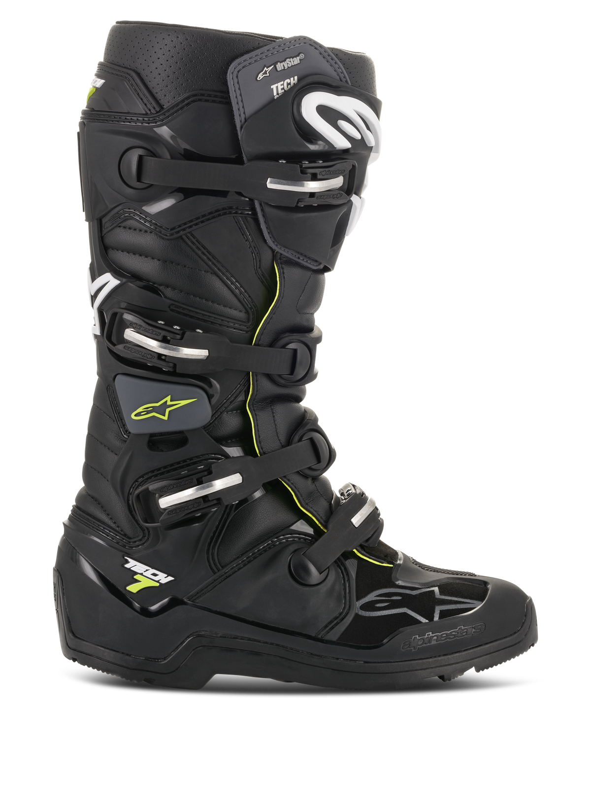 Botas Alpinestars Tech 7 Enduro Drystar, negras con detalles en amarillo fluorescente, botas de moto todoterreno impermeables con cuatro hebillas plateadas, suela robusta de gran agarre y construcción protectora de TPU para conducción de enduro