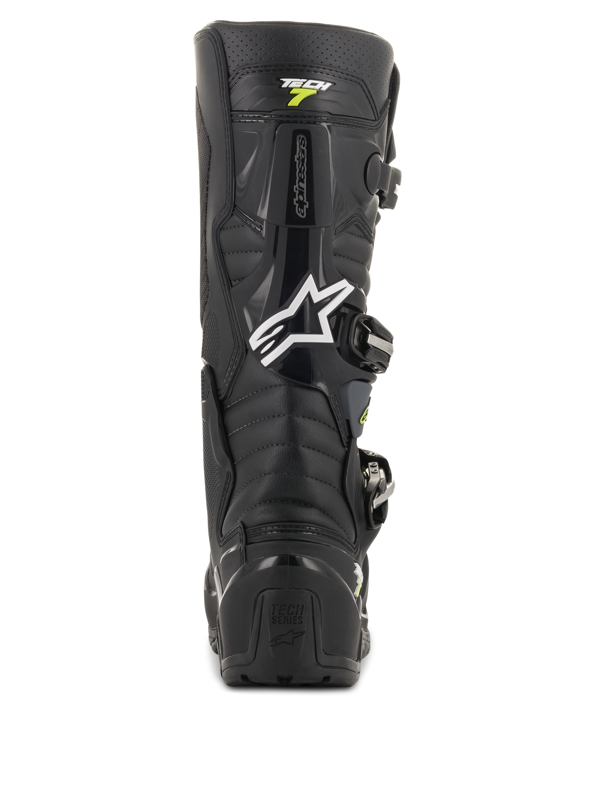 Botas Alpinestars Tech 7 Enduro Drystar, botas de motocross negras y grises, vista trasera con el logo de Alpinestars en blanco y marca 'Tech 7', protección de talón de TPU resistente y construcción reforzada para durabilidad todoterreno