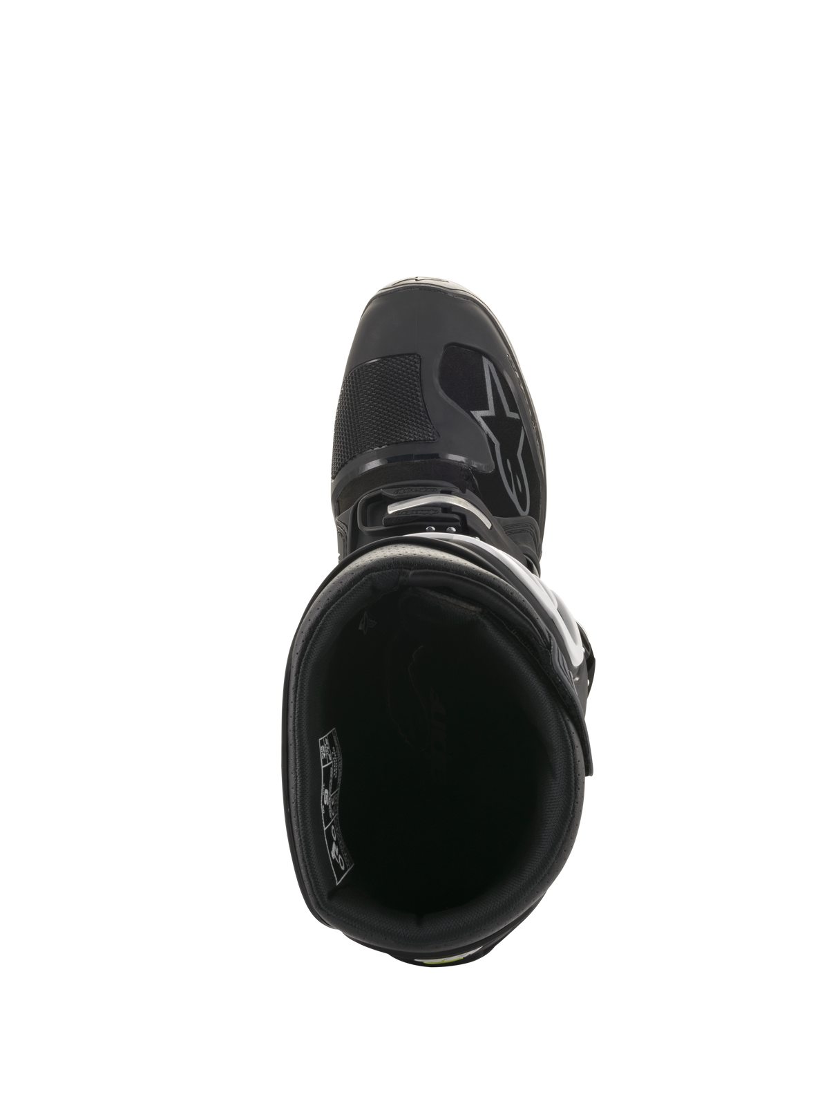 Botas Alpinestars Tech 7 Enduro Drystar®, vista superior del forro interior y el cuello acolchado del tobillo, calzado técnico para off-road en negro y gris con sistema de hebillas seguro