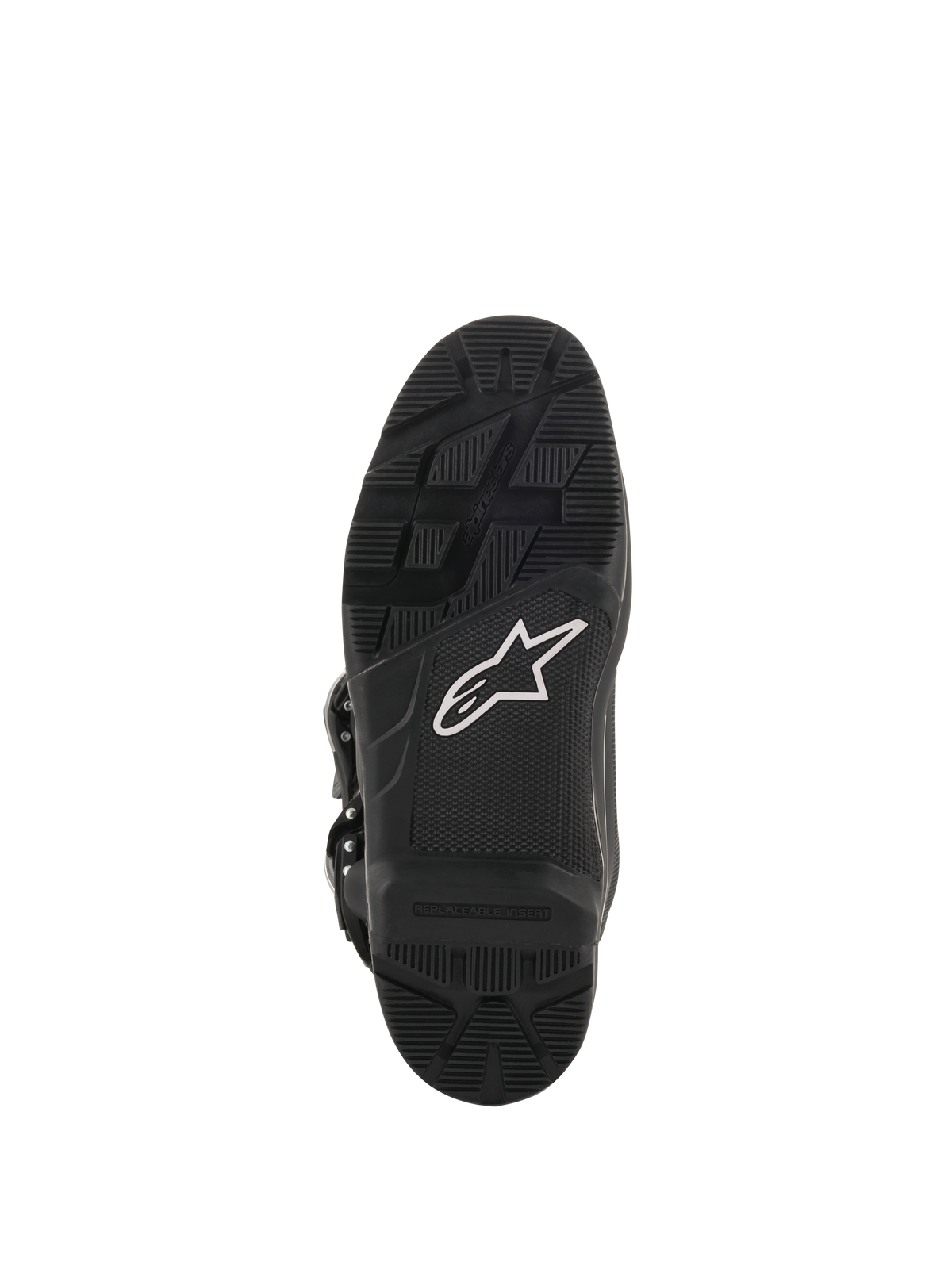 Botas Alpinestars Tech 7 Enduro Drystar®, botas de motocross y enduro, vista de la suela en color negro, compuesto de caucho de alto agarre con logotipo de estrella blanca e inserto reemplazable para un rendimiento duradero off-road