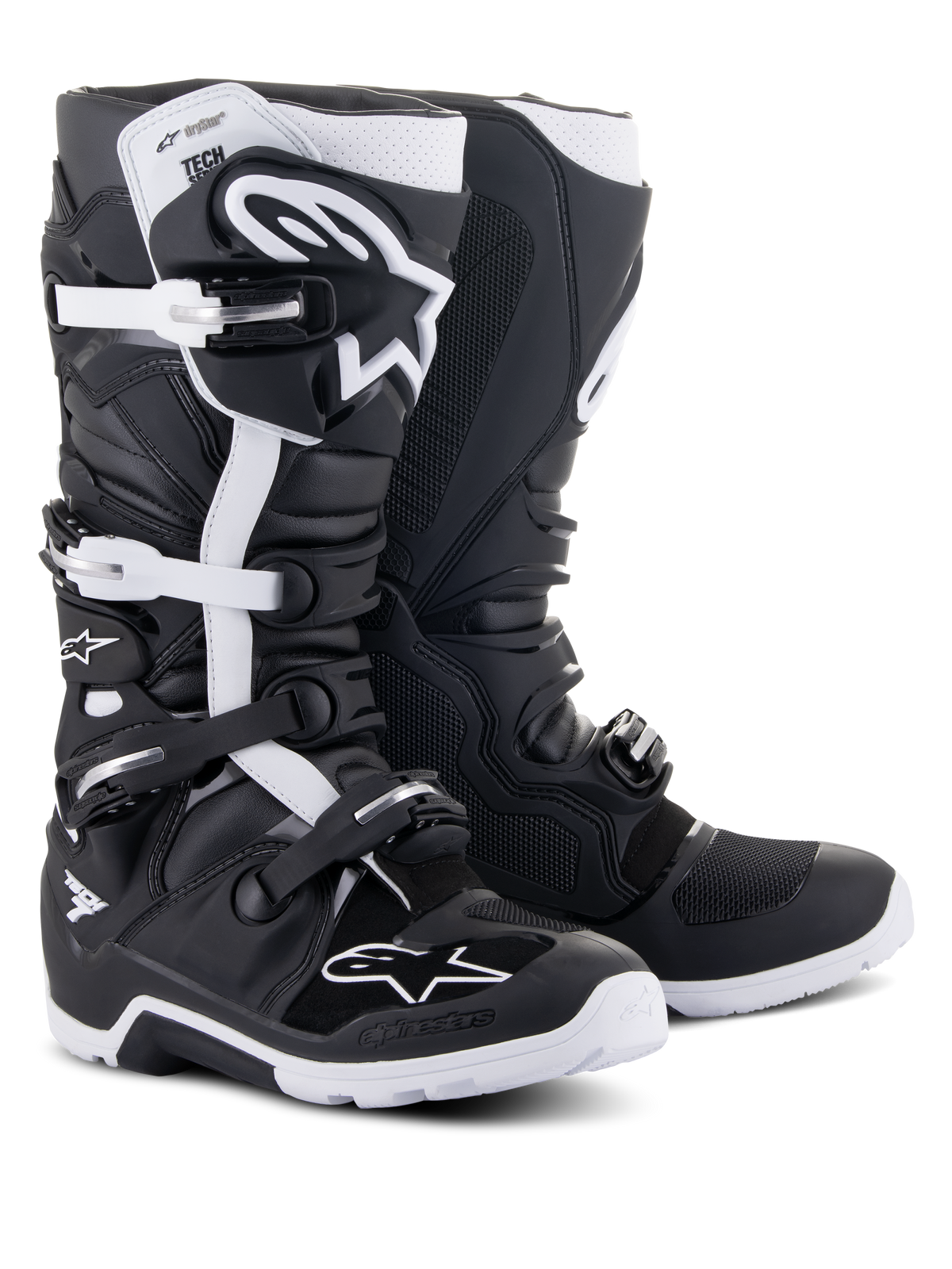 Alpinestars Tech 7 Enduro Drystar® Boots, Off-Road Motorcycle Boots, Black and White, featuring a waterproof membrane, multi-buckle closure system, and a rugged enduro-specific sole for off-road performance.