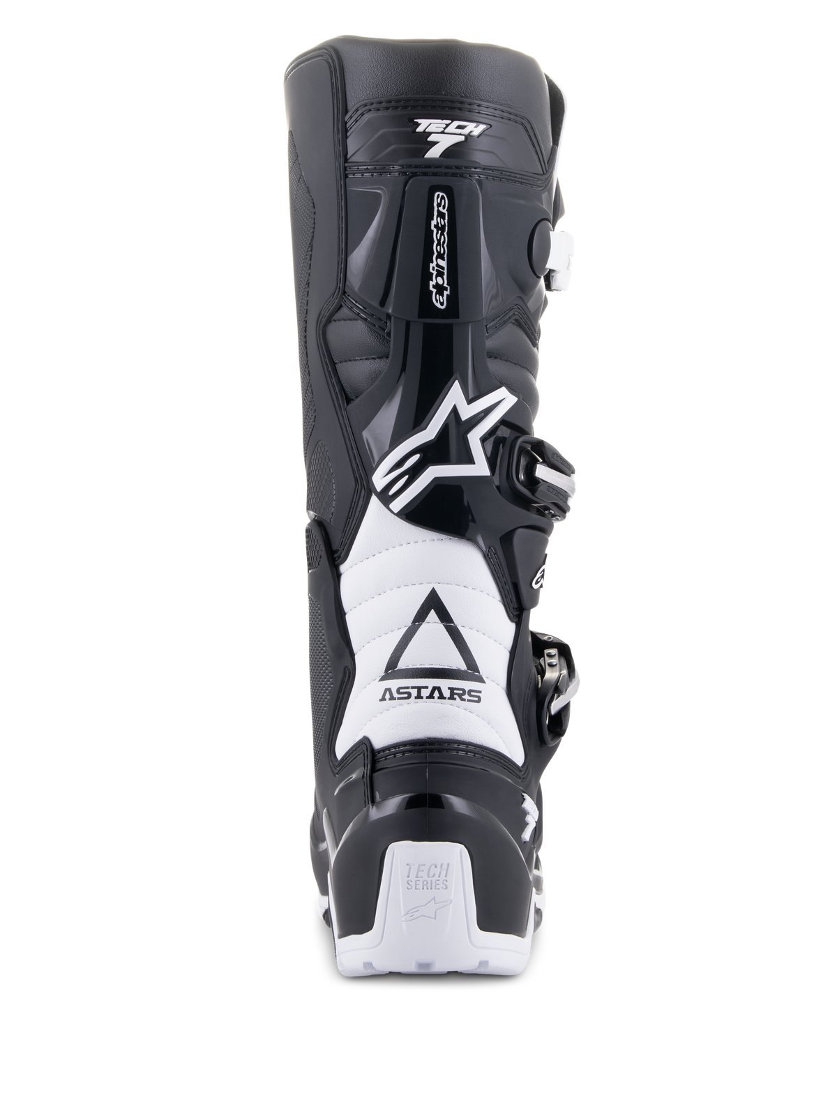 Alpinestars Tech 7 Enduro Drystar Boots, Black and White, rear view showing TPU protective structure, white accordion flex zones, and buckle closure system, featuring Alpinestars branding on the heel and upper