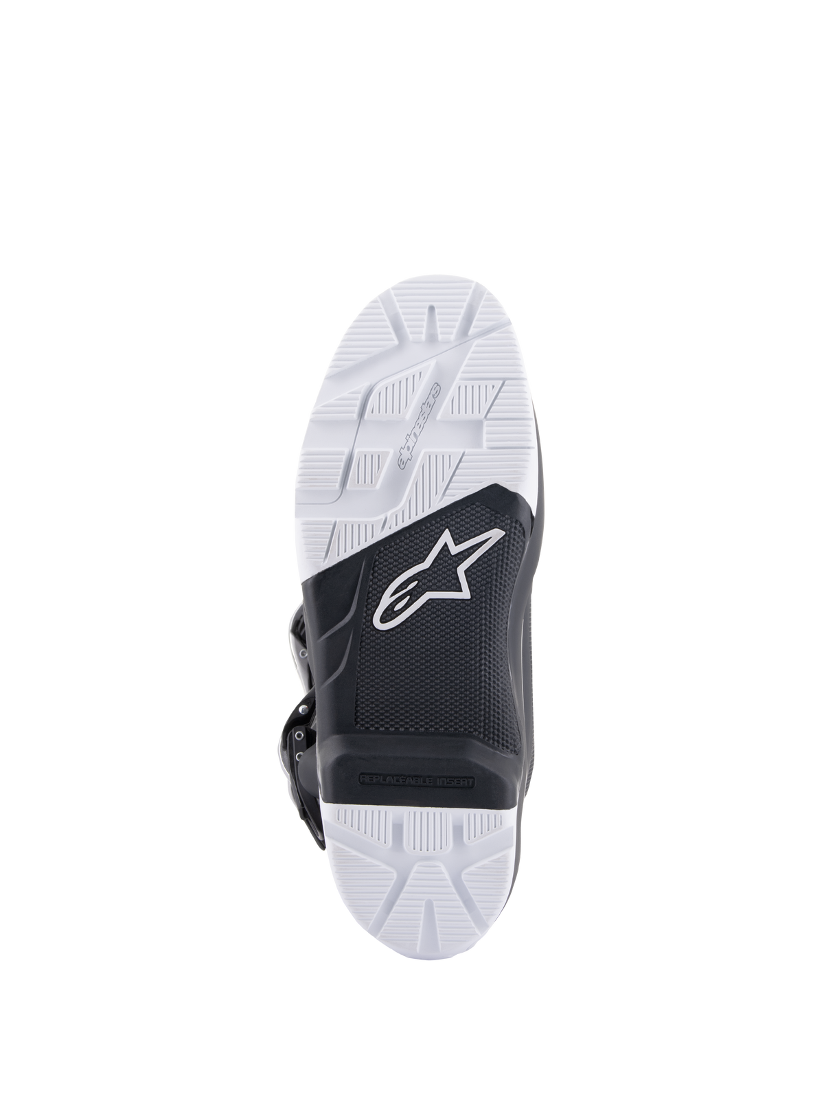Alpinestars Tech 7 Enduro Drystar® Boots, sole detail view, high-grip black and white double density rubber compound, featuring the Alpinestars logo and replaceable footpeg insert, designed for off-road and enduro traction.