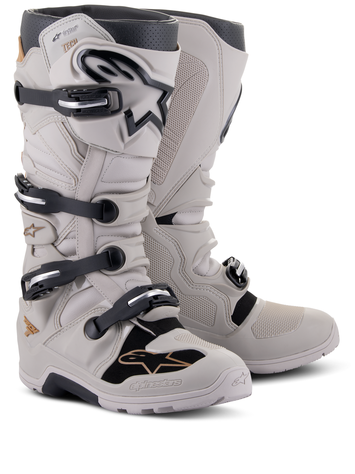Alpinestars Tech 7 Enduro Drystar® Boots, Off-Road Enduro Boots, Gray Sand, featuring four black buckle closures, waterproof membrane, TPU shin plate, and rugged sole for motocross and enduro riding