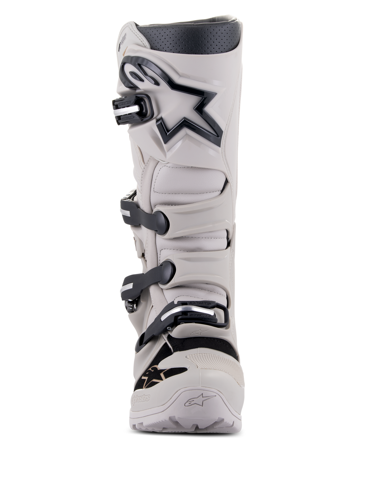 Alpinestars Tech 7 Enduro Drystar® Boots, Enduro and Off-Road Motorcycle Boots, Gray Sand, light gray with black accents and logo, featuring a four-buckle closure system, reinforced shin plate, and rugged design for all-weather performance