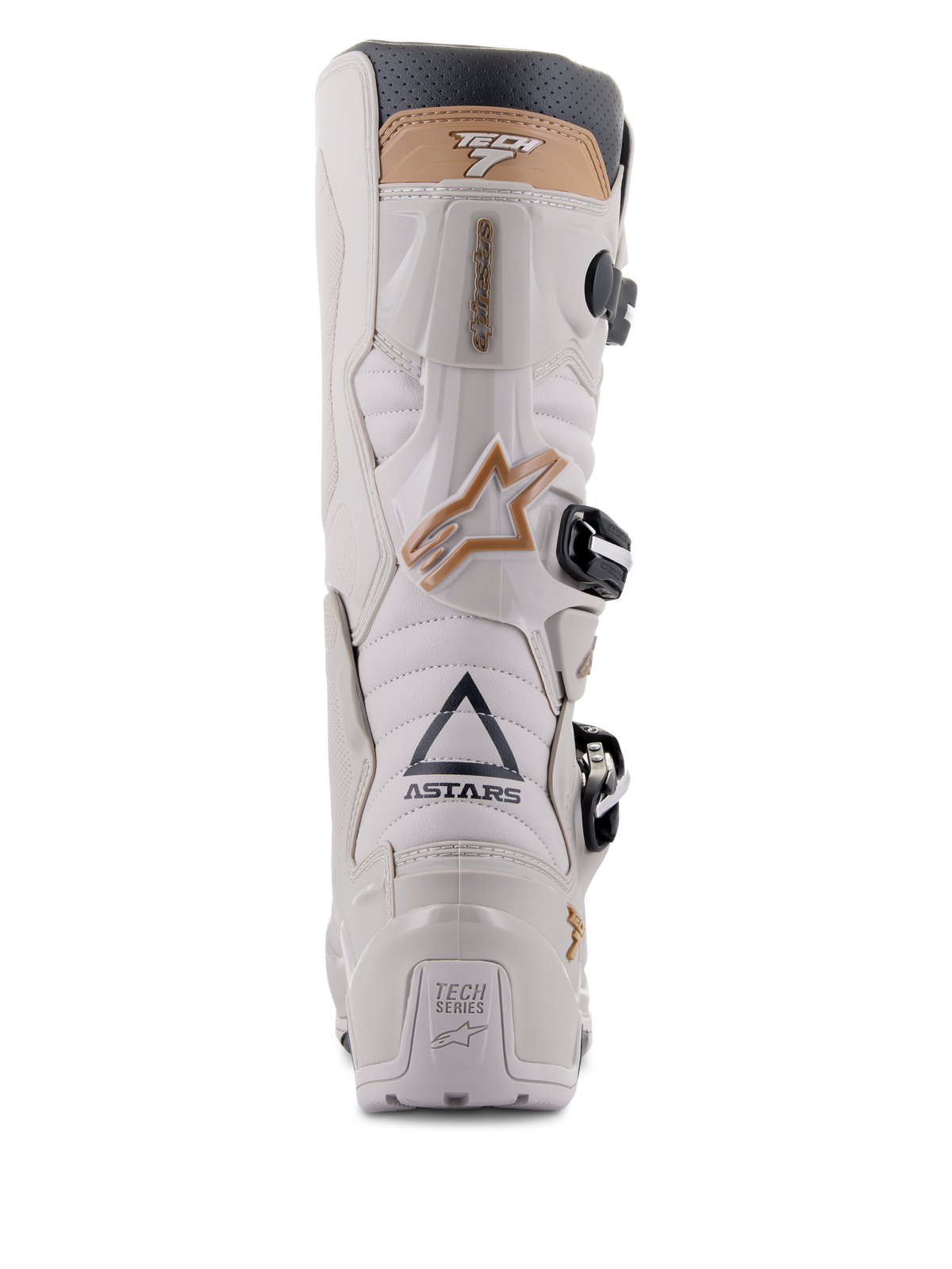 Alpinestars Tech 7 Enduro Drystar® Boots, Gray Sand, rear view highlighting the ASTARS branding and TECH SERIES heel plate, light gray TPU chassis with tan accents and black buckles, engineered for enduro riding