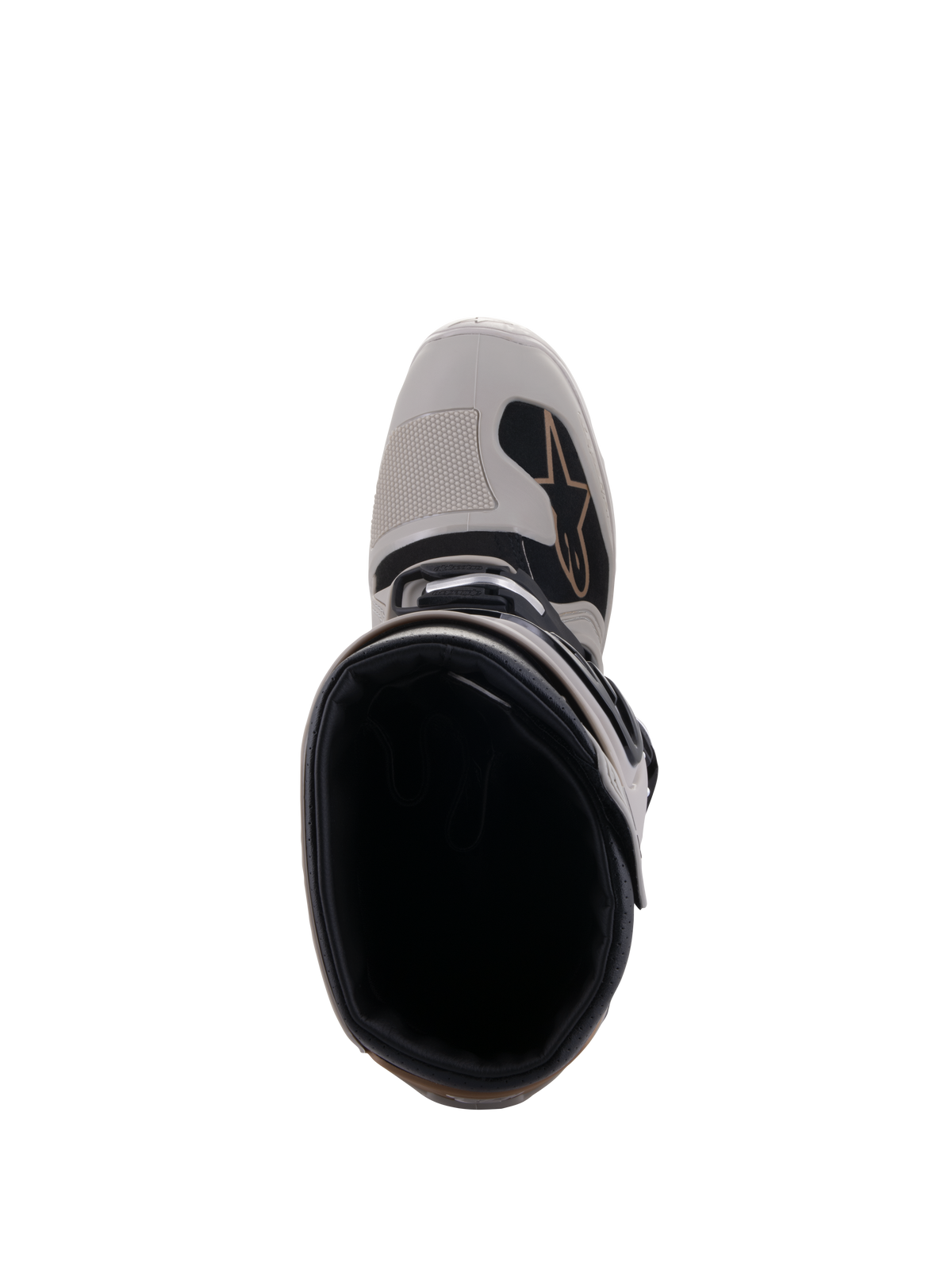 Alpinestars Tech 7 Enduro Drystar® Boots, Gray Sand, top-down view looking into the boot opening and at the reinforced toe, featuring black accents and the Alpinestars logo, waterproof off-road motorcycle footwear