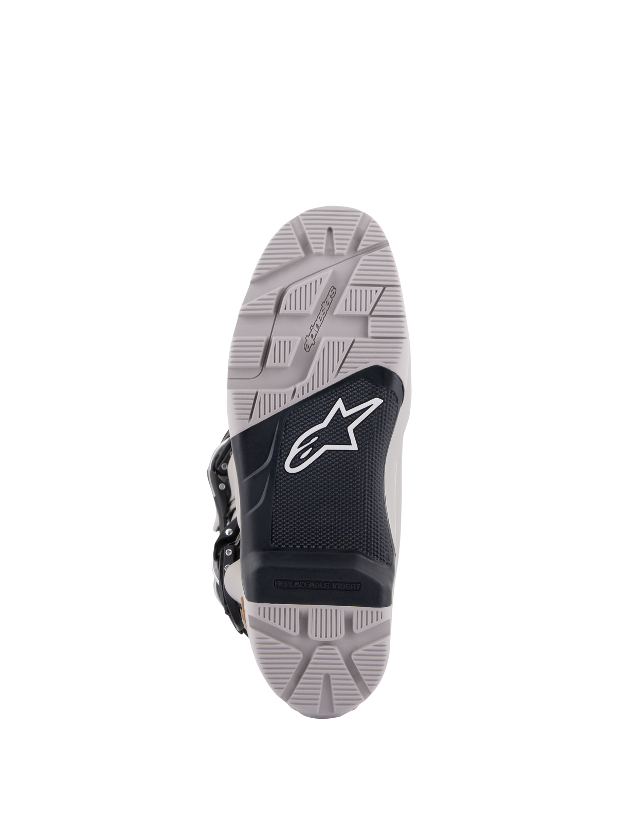 Alpinestars Tech 7 Enduro Drystar® Boots, sole view, Gray and Black, high-grip tread pattern with a textured black central panel, white Astar logo, features a replaceable insert for durability and traction in enduro riding