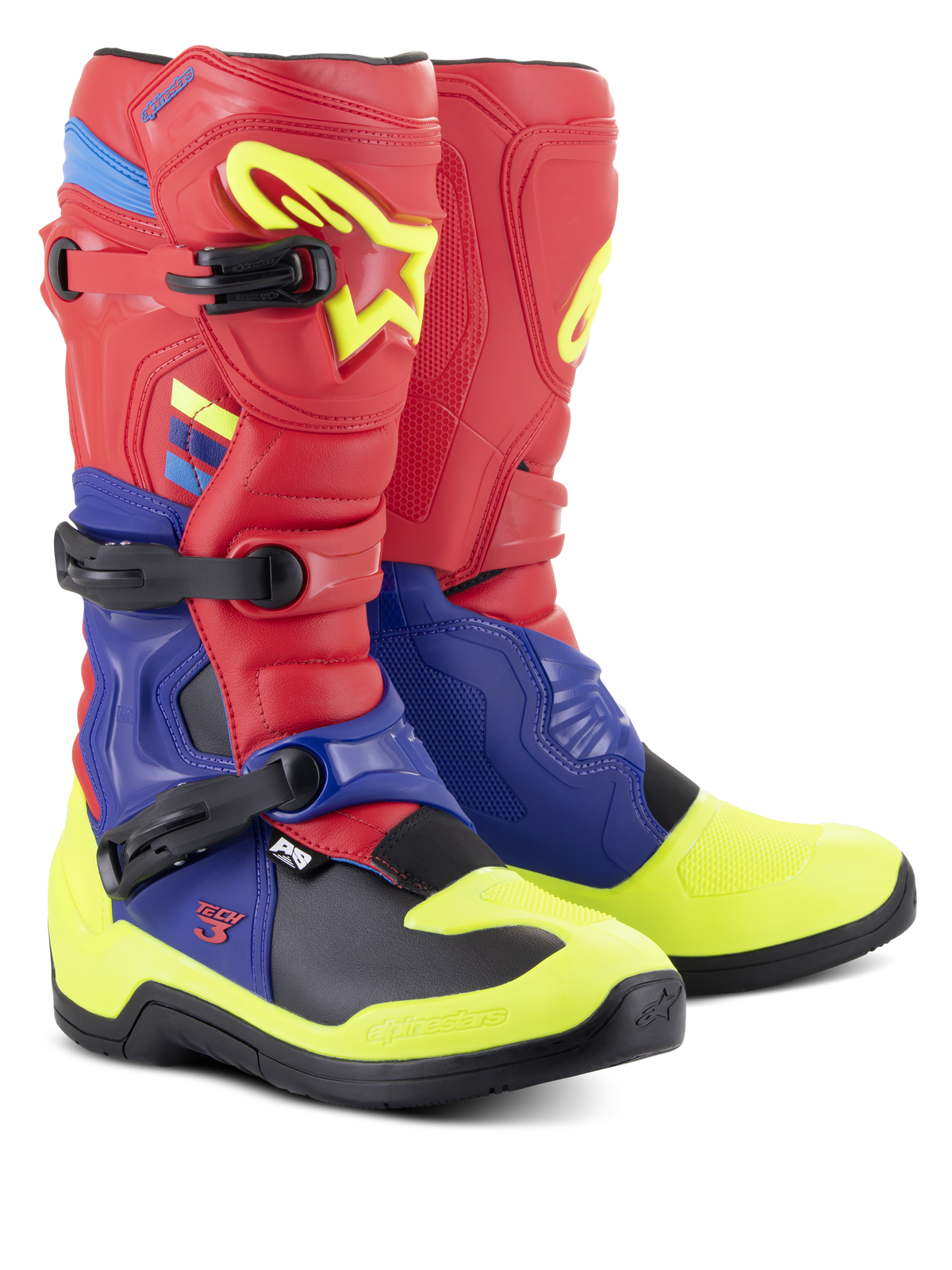 Botas Alpinestars Tech 3, botas de motocross, rojo brillante, azul oscuro y amarillo flúor, con cierres de triple hebilla de polímero, placas protectoras de TPU contorneadas y suela negra de gran agarre, diseñadas para rendimiento en motocross y todoterreno.