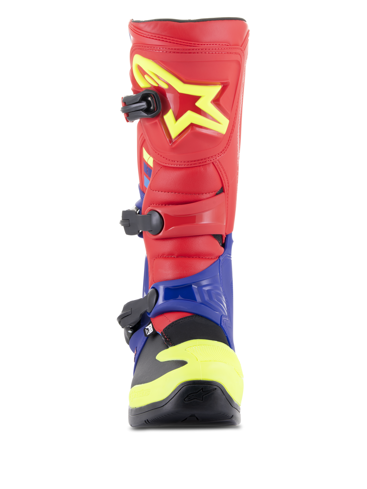 Alpinestars Tech 3 Boots, botas de motocross, rojo brillante, azul oscuro y amarillo flúor, vista frontal que muestra el sistema de cierre de triple hebilla, espinillera de TPU con logotipo de estrella amarilla y carcasa protectora del pie de doble compuesto.