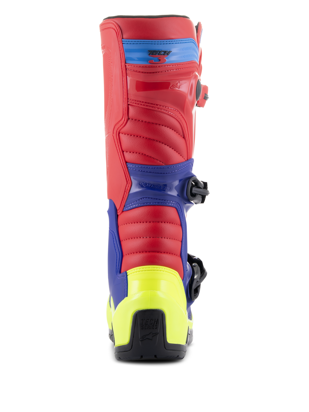 Botas Alpinestars Tech 3, botas de motocross, rojo brillante, azul oscuro y amarillo flúor, vista trasera con protector de talón amarillo neón, parte superior roja y paneles de soporte azules, construcción robusta para carreras off-road
