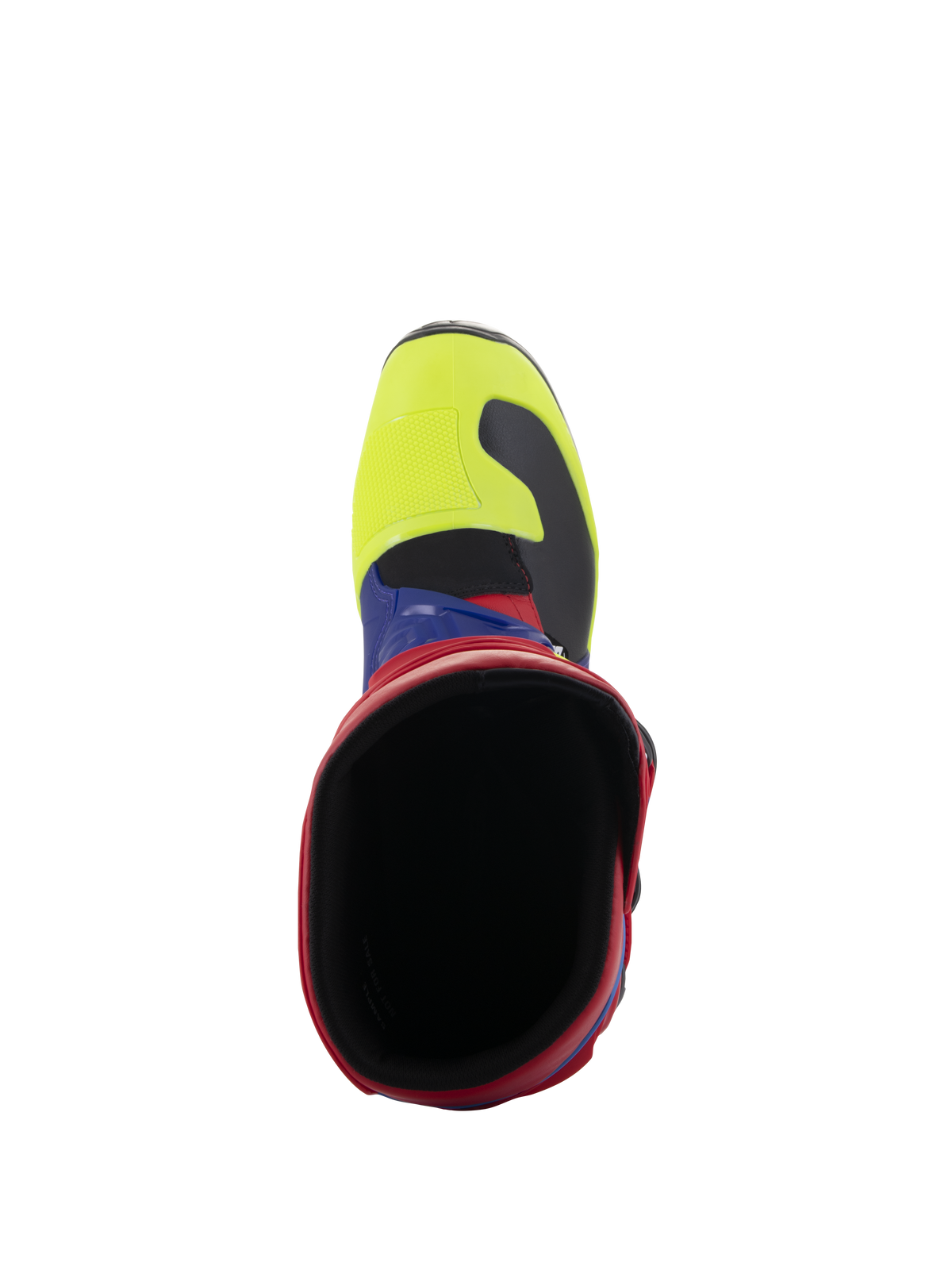 Botas Alpinestars Tech 3, botas de motocross, rojo brillante, azul oscuro y amarillo flúor, vista superior mirando hacia el interior de la bota, con puntera amarillo flúor y cuello rojo, calzado protector duradero para todoterreno