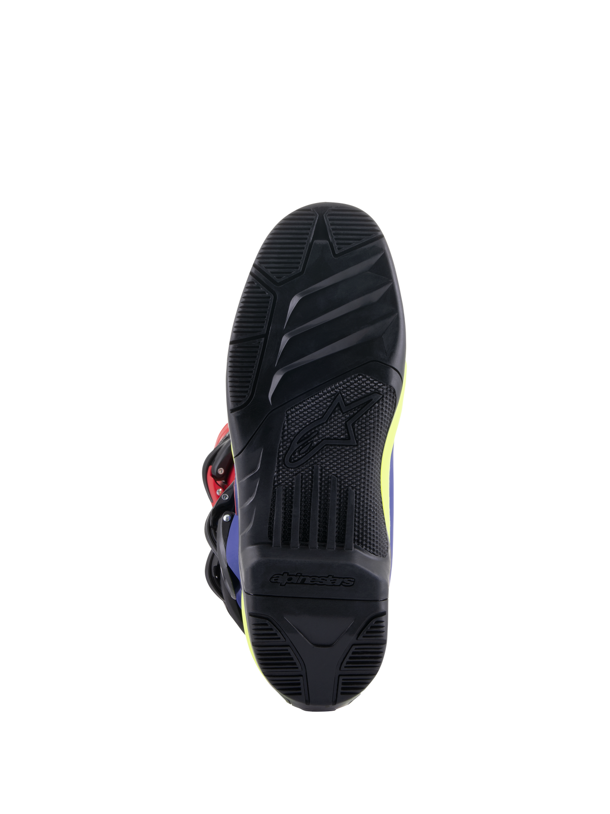 Botas Alpinestars Tech 3, botas de motocross, rojo brillante, azul oscuro y amarillo flúor, vista detallada de la suela de goma negra de alto agarre con patrones de dibujo texturizados y logotipo de Alpinestars en relieve para un mejor control en las estriberas.