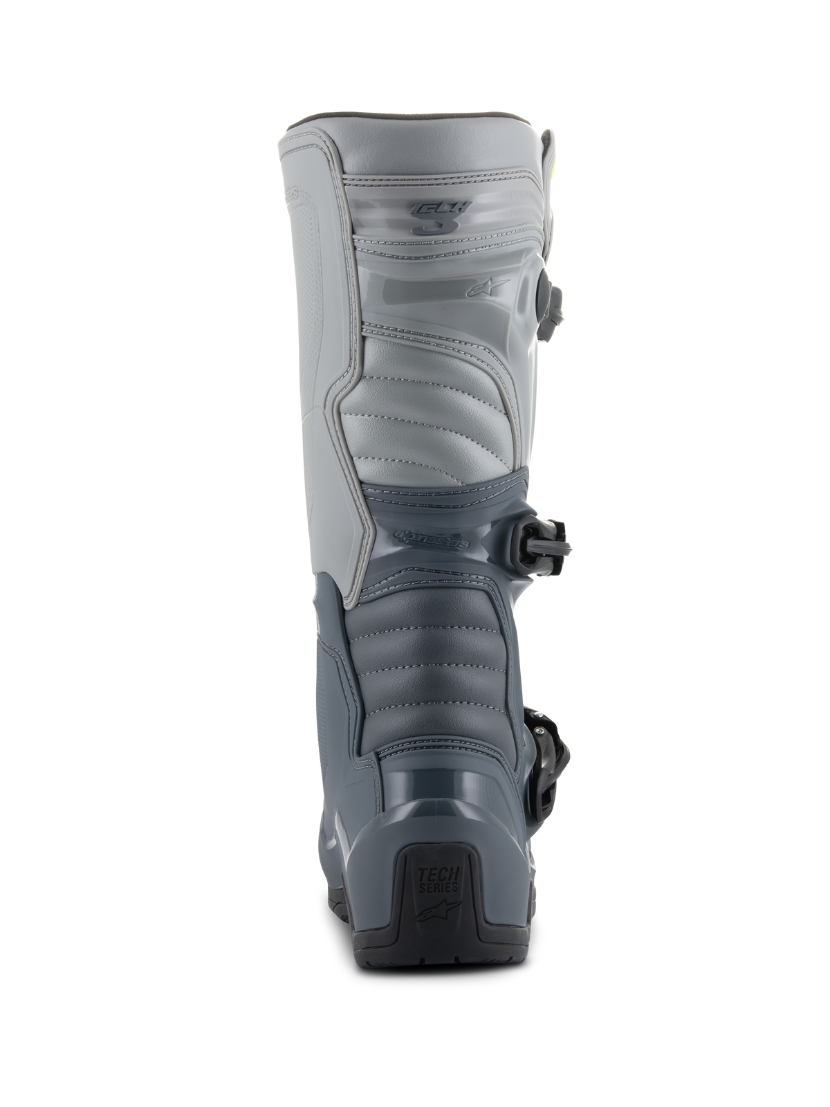 Botas Alpinestars Tech 3, botas de motocross, gris oscuro, gris claro y negro, vista trasera con placas de protección de TPU duraderas, paneles grises segmentados y marca 'Tech Series' en el talón.