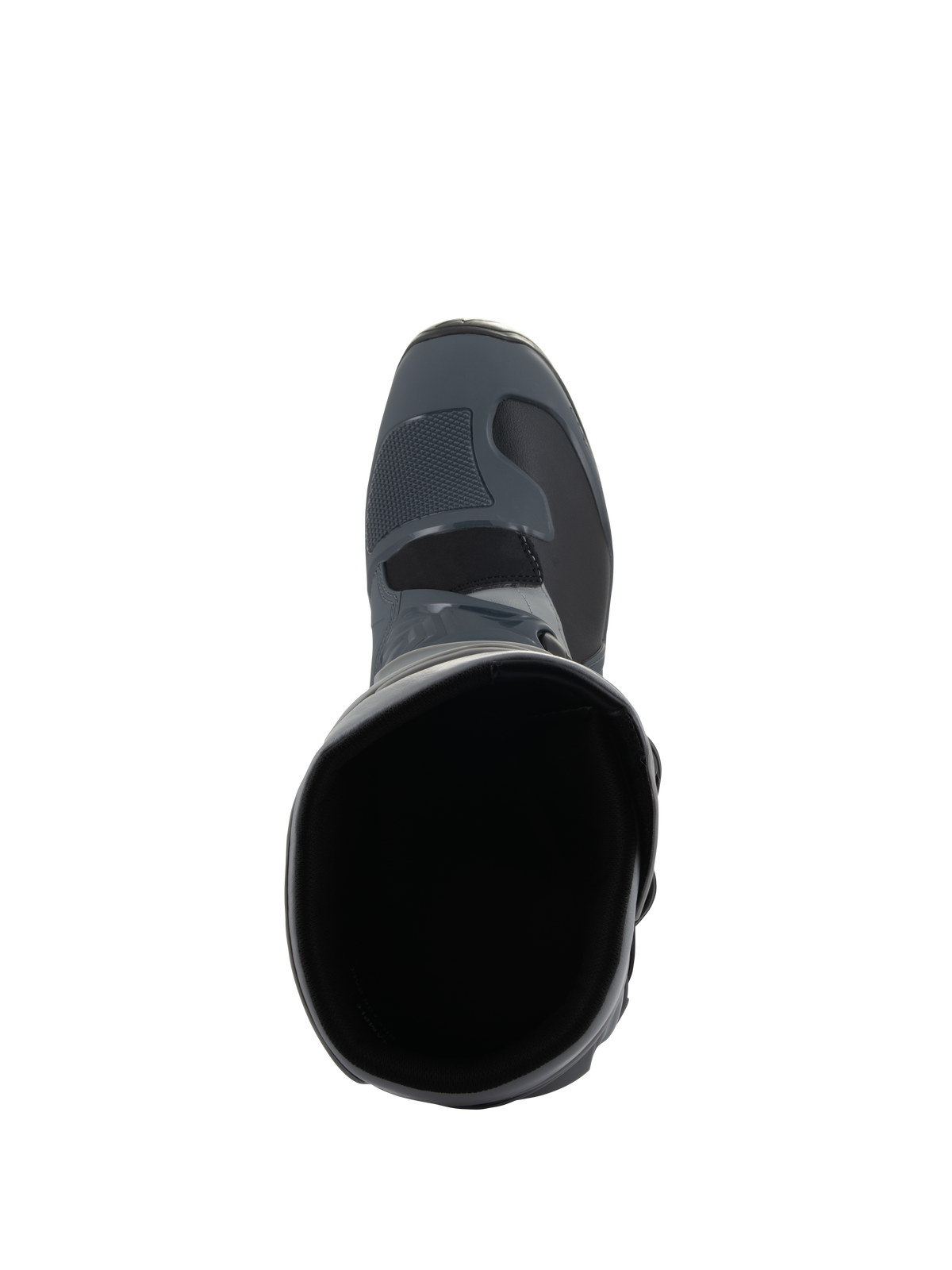 Botas Alpinestars Tech 3, botas de motocross, gris oscuro, gris claro y negro, vista desde arriba mirando hacia la apertura de la bota, con puntera texturizada y construcción duradera de microfibra, diseñadas para rendimiento todoterreno