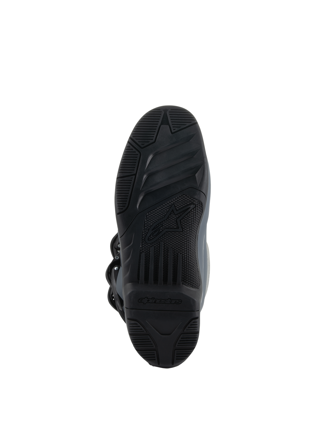 Botas Alpinestars Tech 3, gris oscuro, gris claro y negro, vista inferior que muestra la suela de compuesto de goma de alto agarre, banda de rodadura negra texturizada con logo central de Alpinestars, diseñada para el control de las estriberas y tracción en condiciones off-road