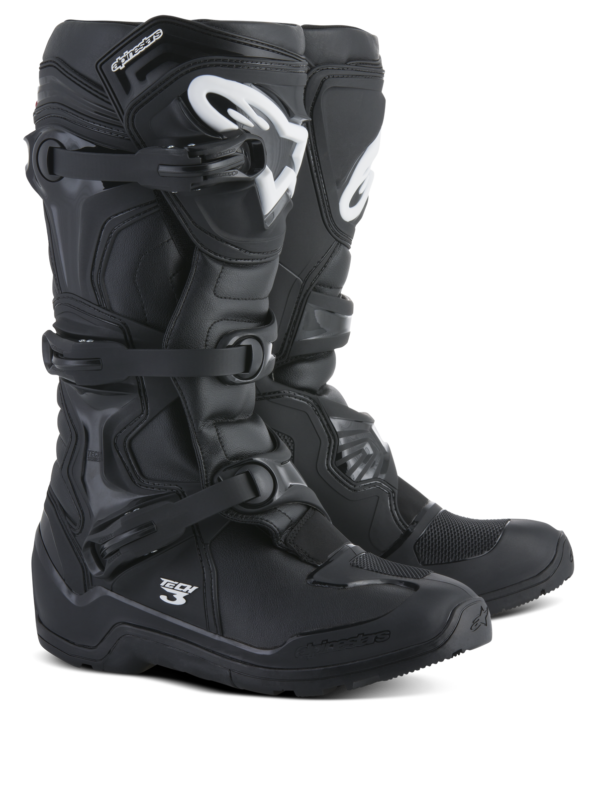 Botas Alpinestars Tech 3 Enduro, botas de motocross y off-road, negras con logotipos blancos, sistema de triple hebilla de polímero, protección duradera de TPU, diseño de suela robusta para todo terreno