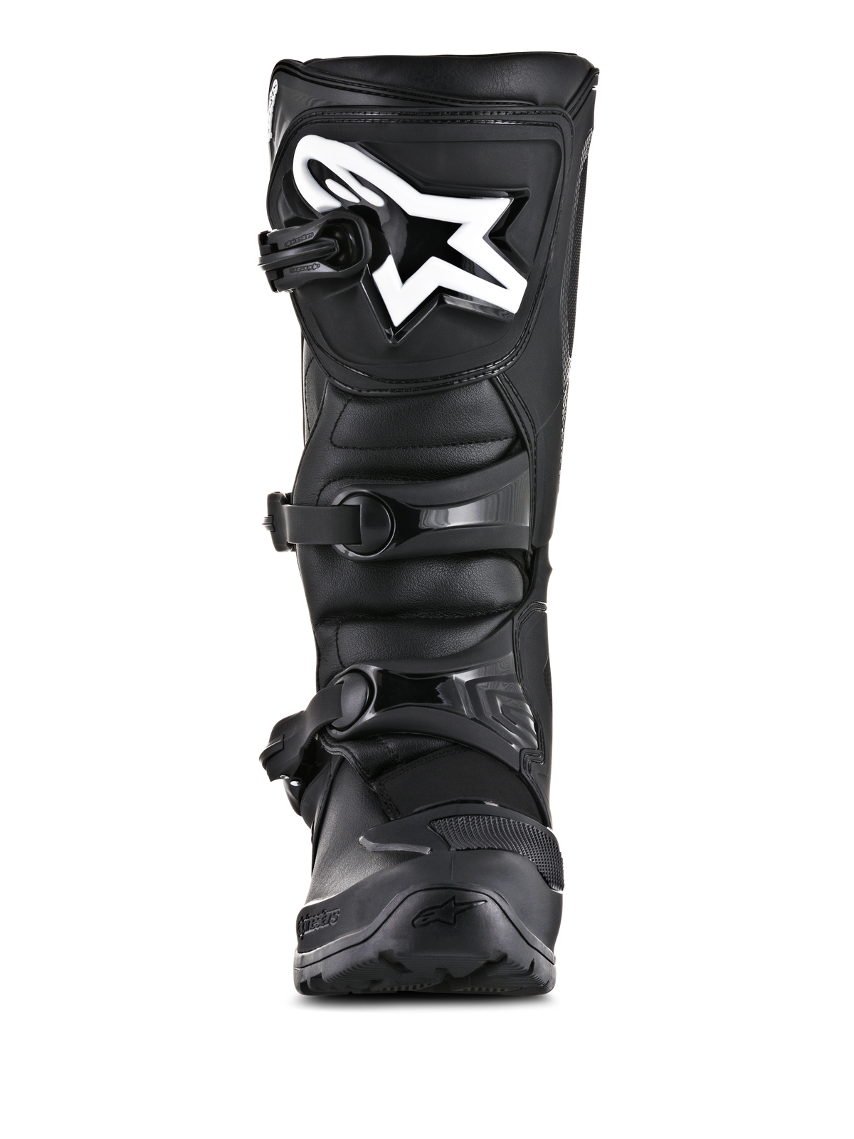 Botas Alpinestars Tech 3 Enduro, botas de moto para off-road, negras, vista frontal con logotipo blanco de Alpinestars en la placa de la espinilla, sistema de cierre de tres hebillas y construcción robusta de microfibra y TPU