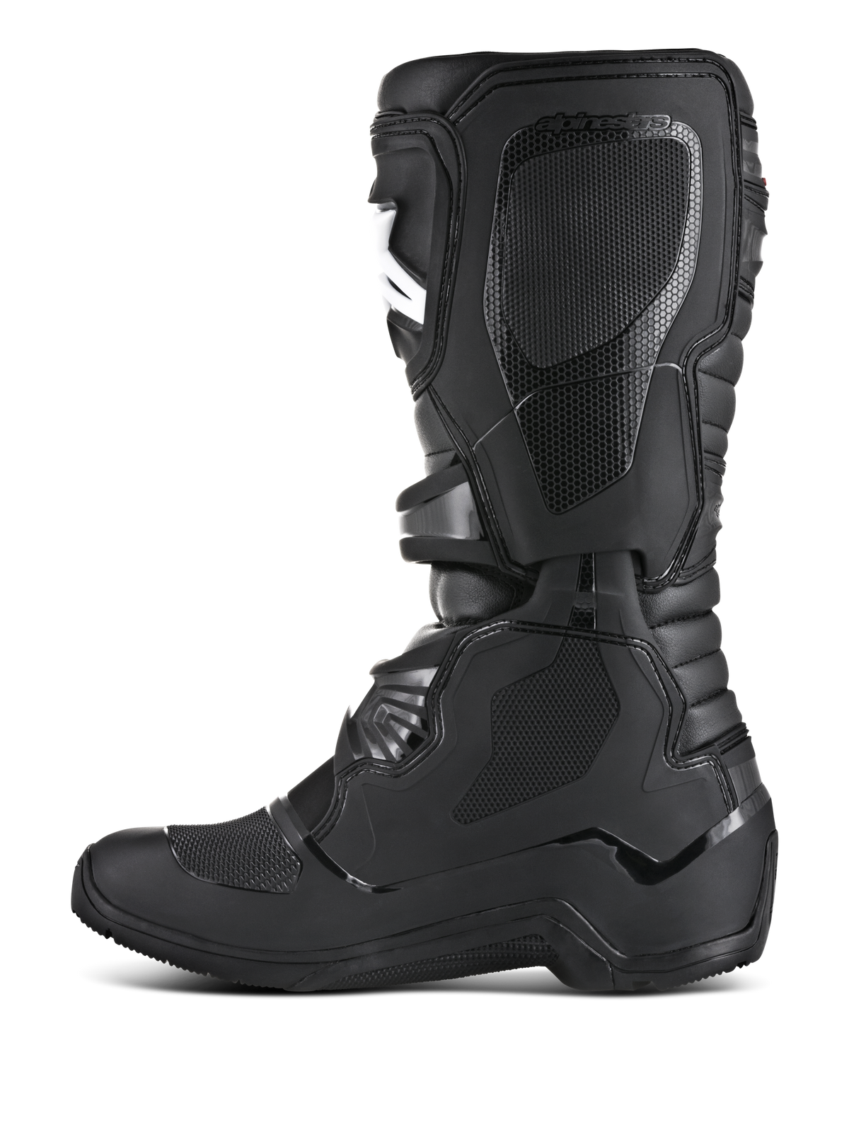 Botas Alpinestars Tech 3 Enduro, botas de moto off-road, color negro, perfil lateral medial con paneles de agarre de TPU texturizado, placa protectora de espinilla y construcción duradera para enduro y motocross.