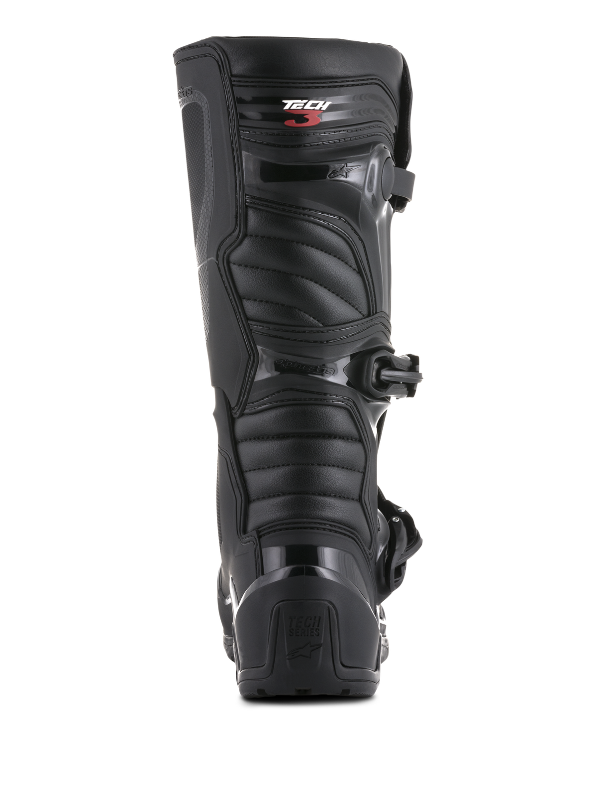 Botas Alpinestars Tech 3 Enduro, vista posterior, negro, con contrafuerte de talón de TPU con marca Tech Series y paneles flexibles acanalados, calzado protector duradero para motocross y conducción off-road