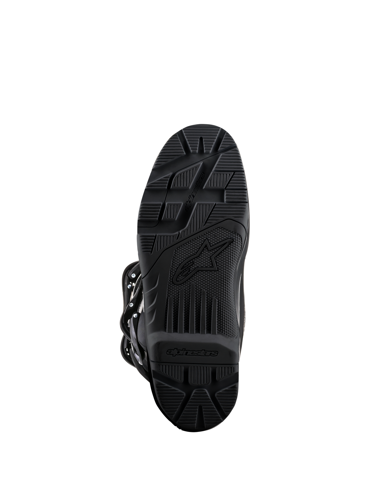 Alpinestars Tech 3 Enduro Boots, botas negras, vista de la suela, compuesto de goma de alto agarre con patrón de dibujo texturizado para durabilidad off-road, con el logotipo de Alpinestars