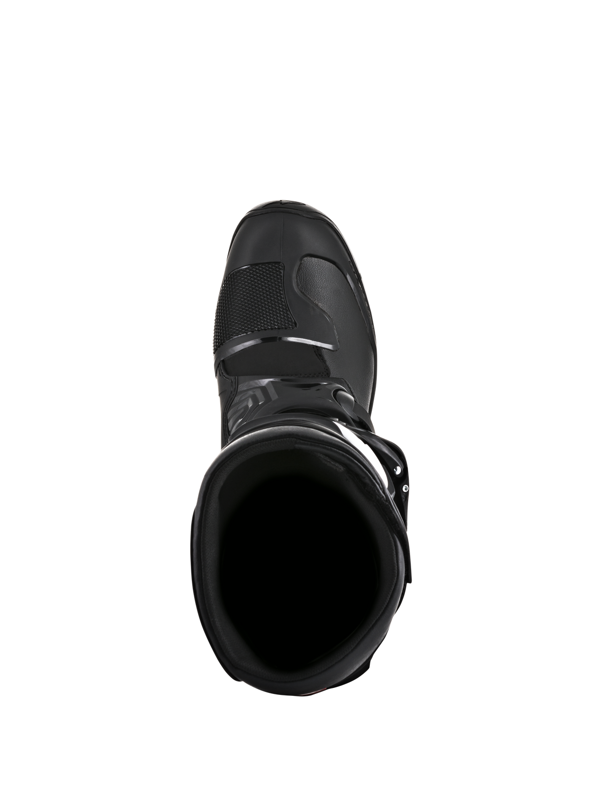 Botas Alpinestars Tech 3 Enduro, negras, vista desde arriba de la apertura de la bota, mostrando el cuello interior y la zona de la puntera reforzada, diseñadas para conducción off-road y enduro.