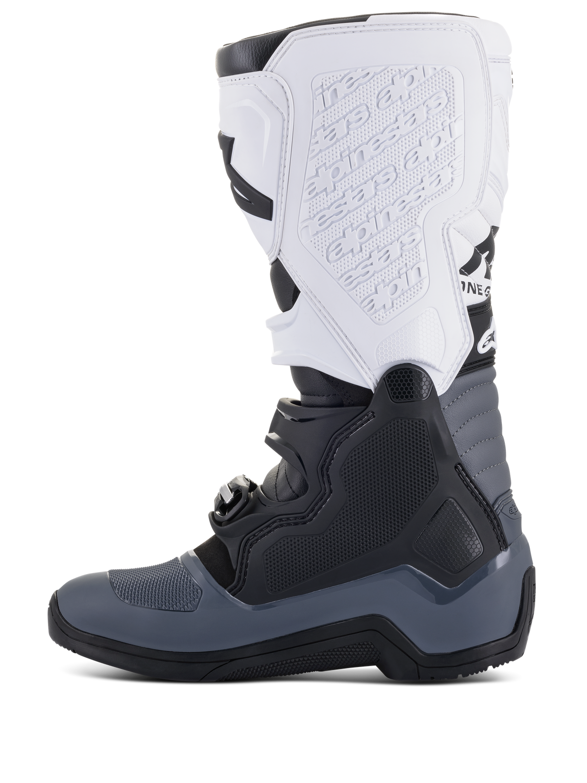Botas Alpinestars Tech 5, botas de motocross, negro, gris oscuro y blanco, vista de perfil lateral con múltiples cierres de hebilla, marca en relieve en la espinillera blanca y construcción duradera para rendimiento todoterreno