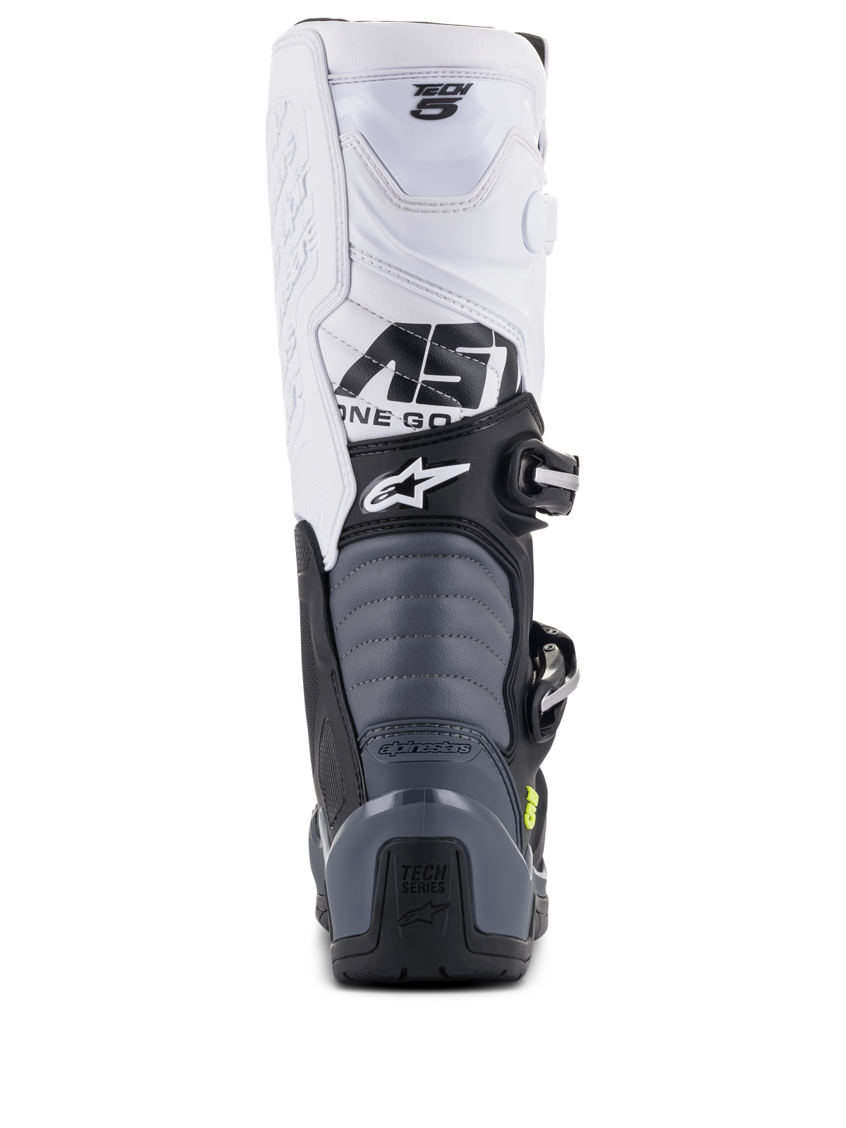 Botas Alpinestars Tech 5, botas de motocross, negro, gris oscuro y blanco, vista trasera que muestra la parte superior blanca con marca Tech 5, zonas de flexión de acordeón grises y protector de talón negro con logotipo Tech Series