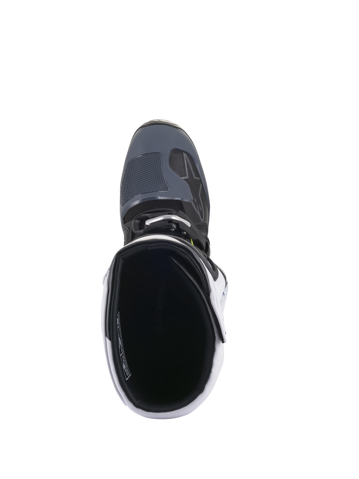 Botas Alpinestars Tech 5, botas de motocross, negro, gris oscuro y blanco, vista superior de la apertura de la bota que muestra el interior acolchado y la puntera texturizada, calzado de protección profesional para carreras off-road