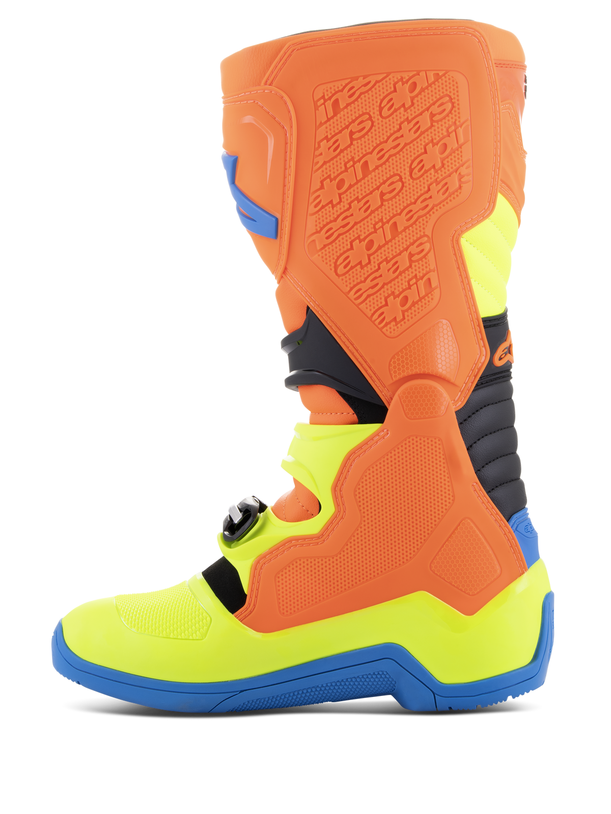 Botas Alpinestars Tech 5, botas de motocross, naranja flúor, azul esmalte y amarillo flúor, vista de perfil lateral que muestra el sistema de pivote biomecánico, la estructura de polímero contorneada y el chasis de microfibra duradero para rendimiento todoterreno.
