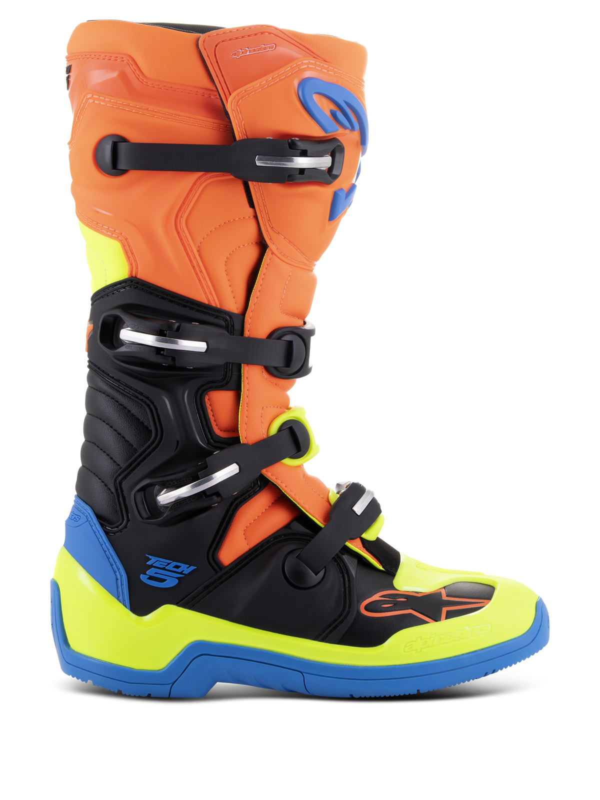 Botas Alpinestars Tech 5, botas de carreras de motocross, naranja flúor, azul esmalte y amarillo flúor con negro, con un sistema de cuatro hebillas, construcción de microfibra con pivote biomecánico y una suela azul reforzada