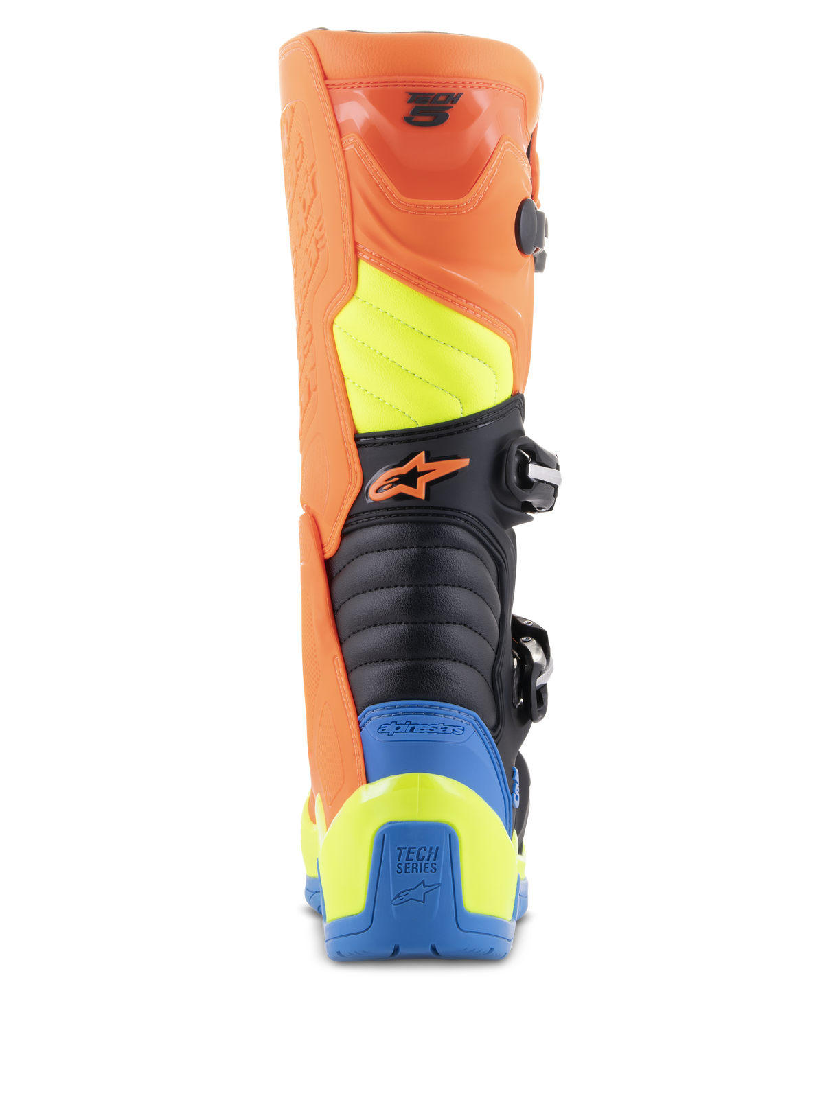 Botas Alpinestars Tech 5, botas de motocross, naranja flúor, azul esmalte y amarillo flúor, vista trasera que muestra las zonas de flexión en acordeón, protector de pantorrilla de polímero duradero y diseño de paneles multicolor para carreras todoterreno
