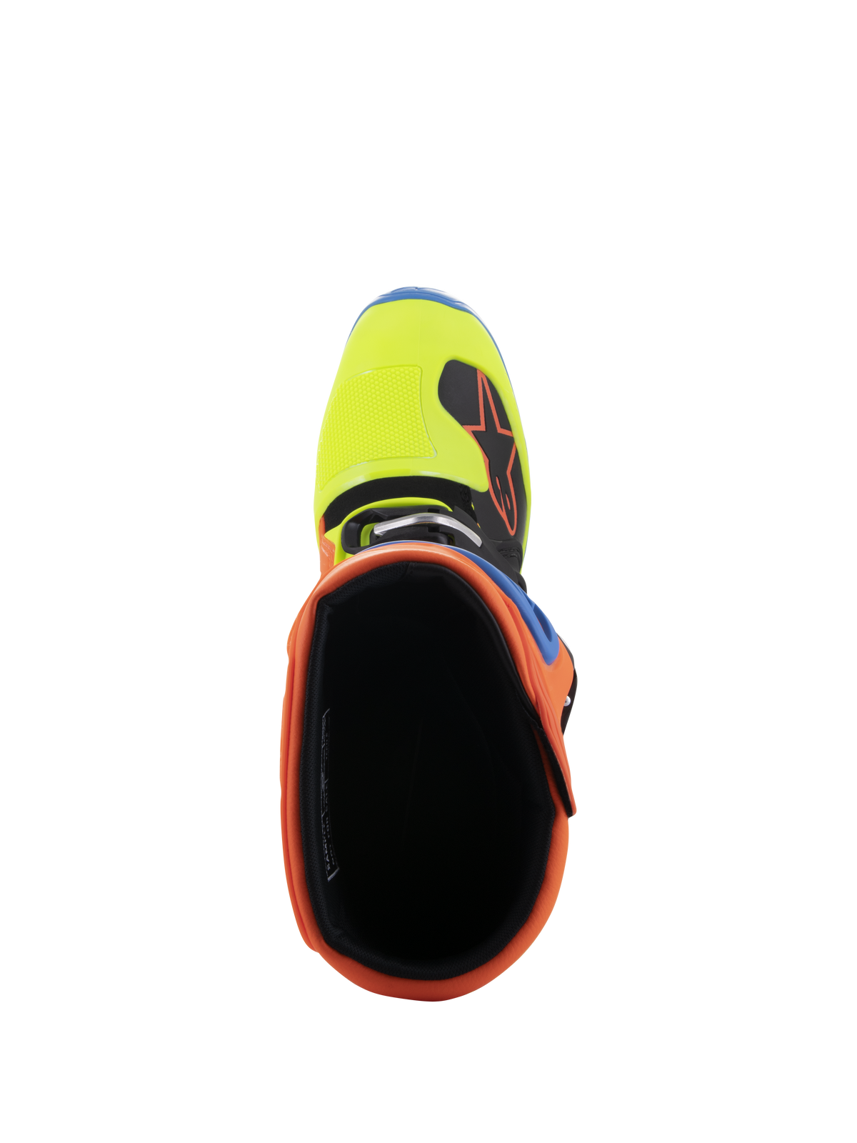 Botas Alpinestars Tech 5, vista superior mirando hacia el interior, con cuello naranja flúor y puntera amarillo flúor, forro interior negro, calzado de motocross resistente para off-road